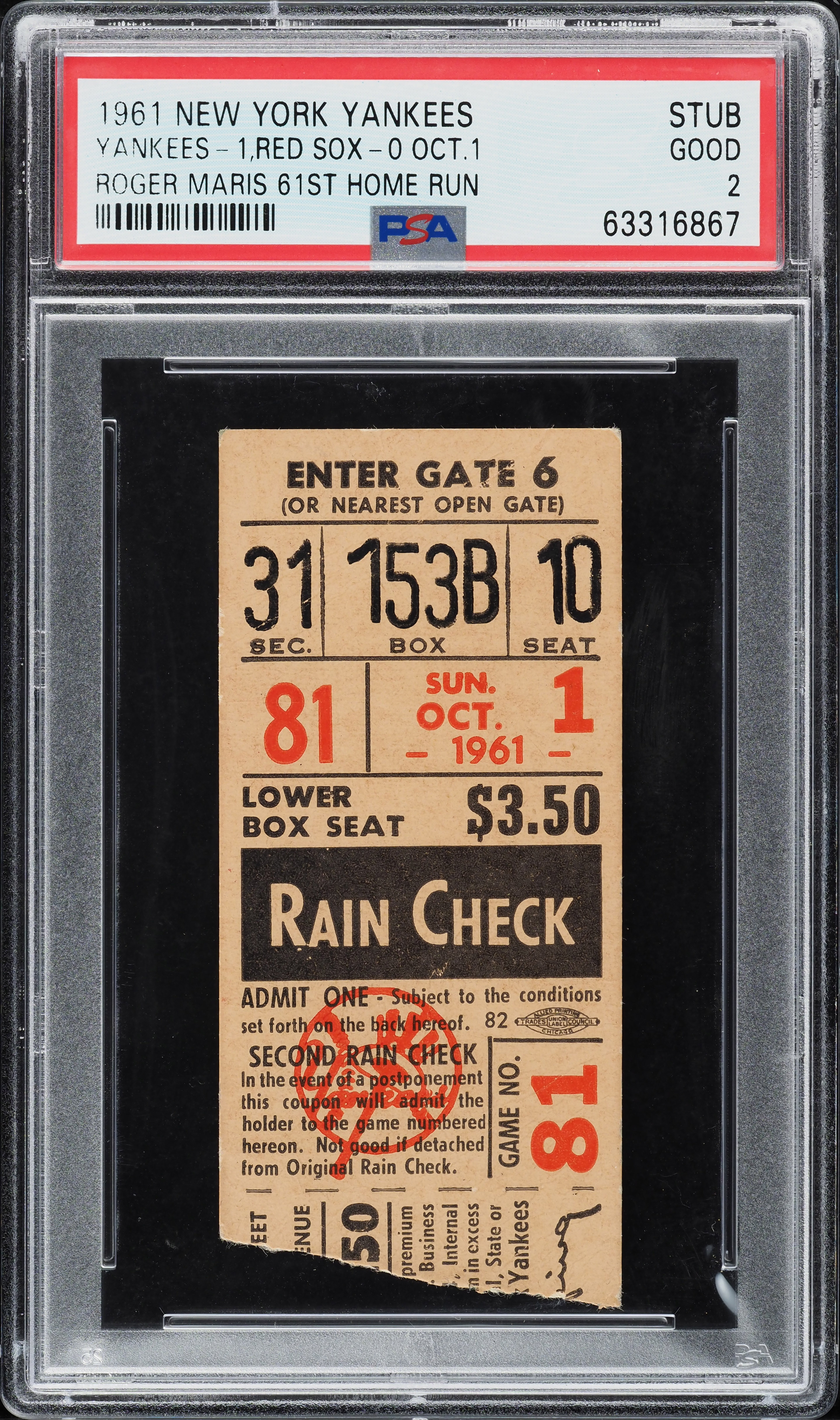 1961 New York Yankees Ticket Stub Roger Maris 61st Home Run PSA 2 GD
