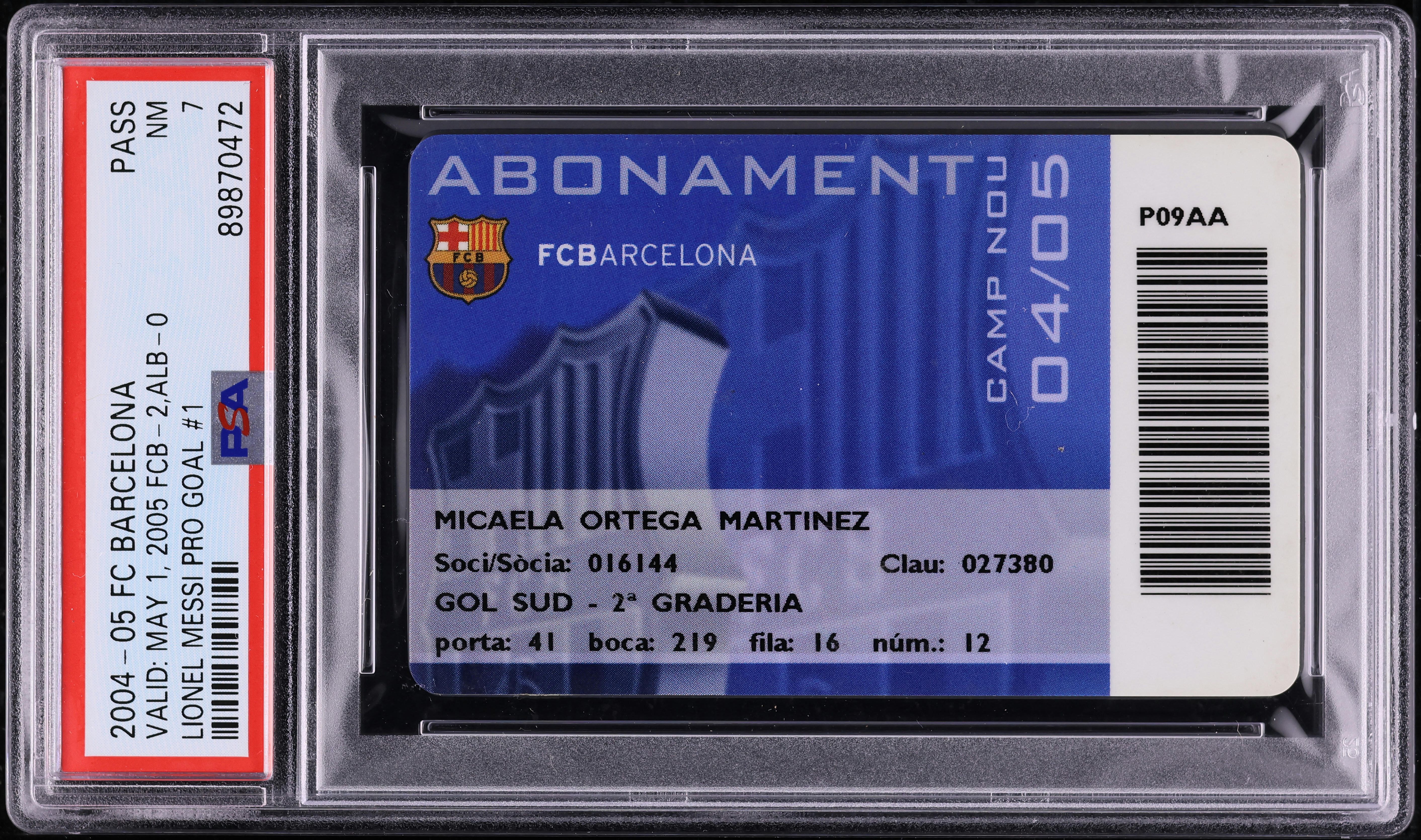 2004 FC Barcelona Pass Lionel Messi Pro Goal #1 PSA 7 NRMT