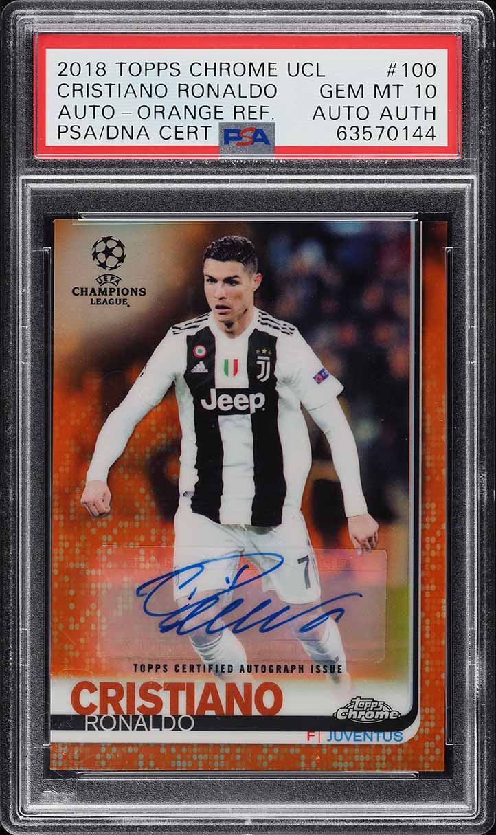 2018 Topps Chrome UEFA Orange Refractor Cristiano Ronaldo AUTO /25 #100 PSA 10