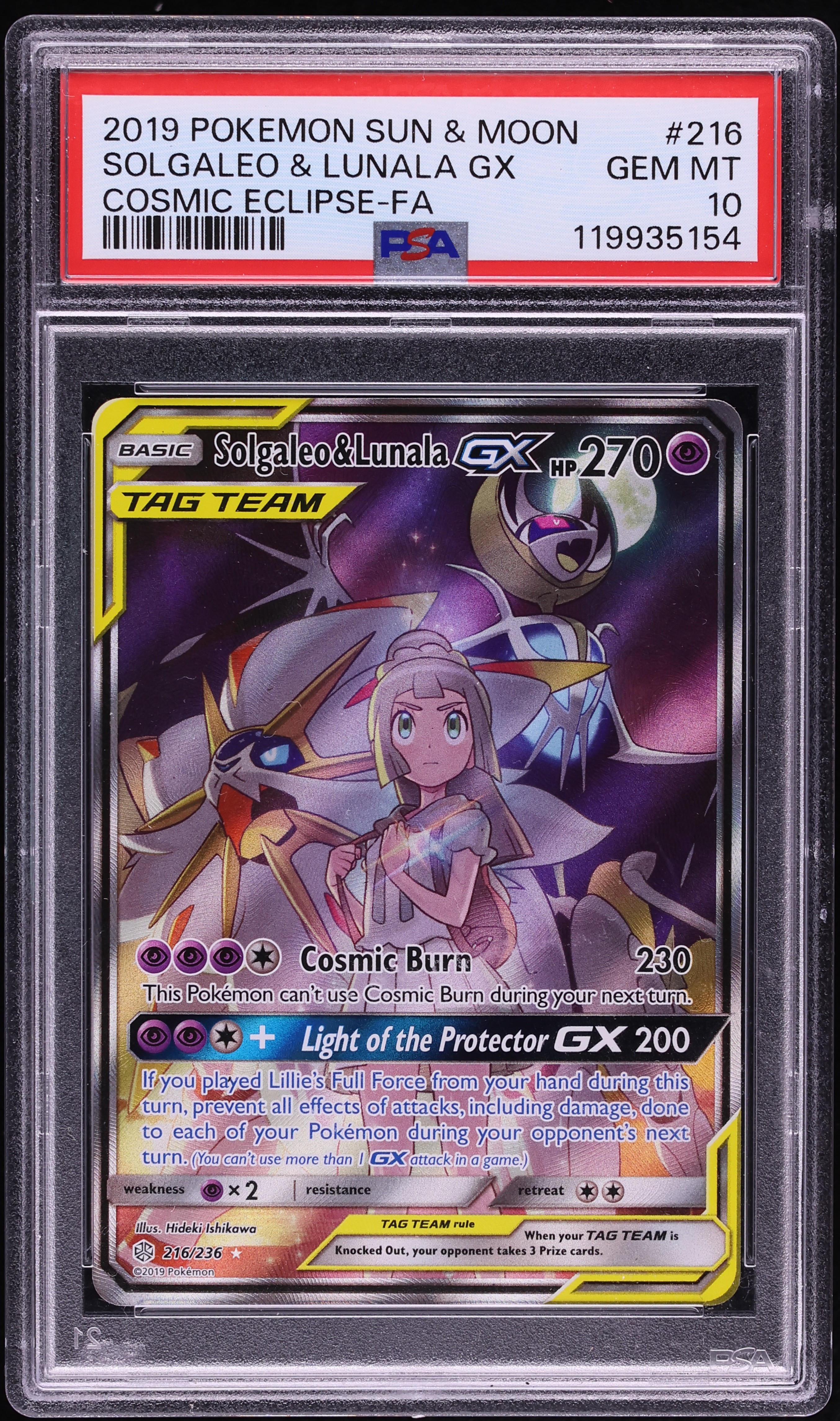 2019 Pokemon Sun & Moon Cosmic Eclipse Full Art Solgaleo & Lunala GX #216 PSA 10 GEM MINT