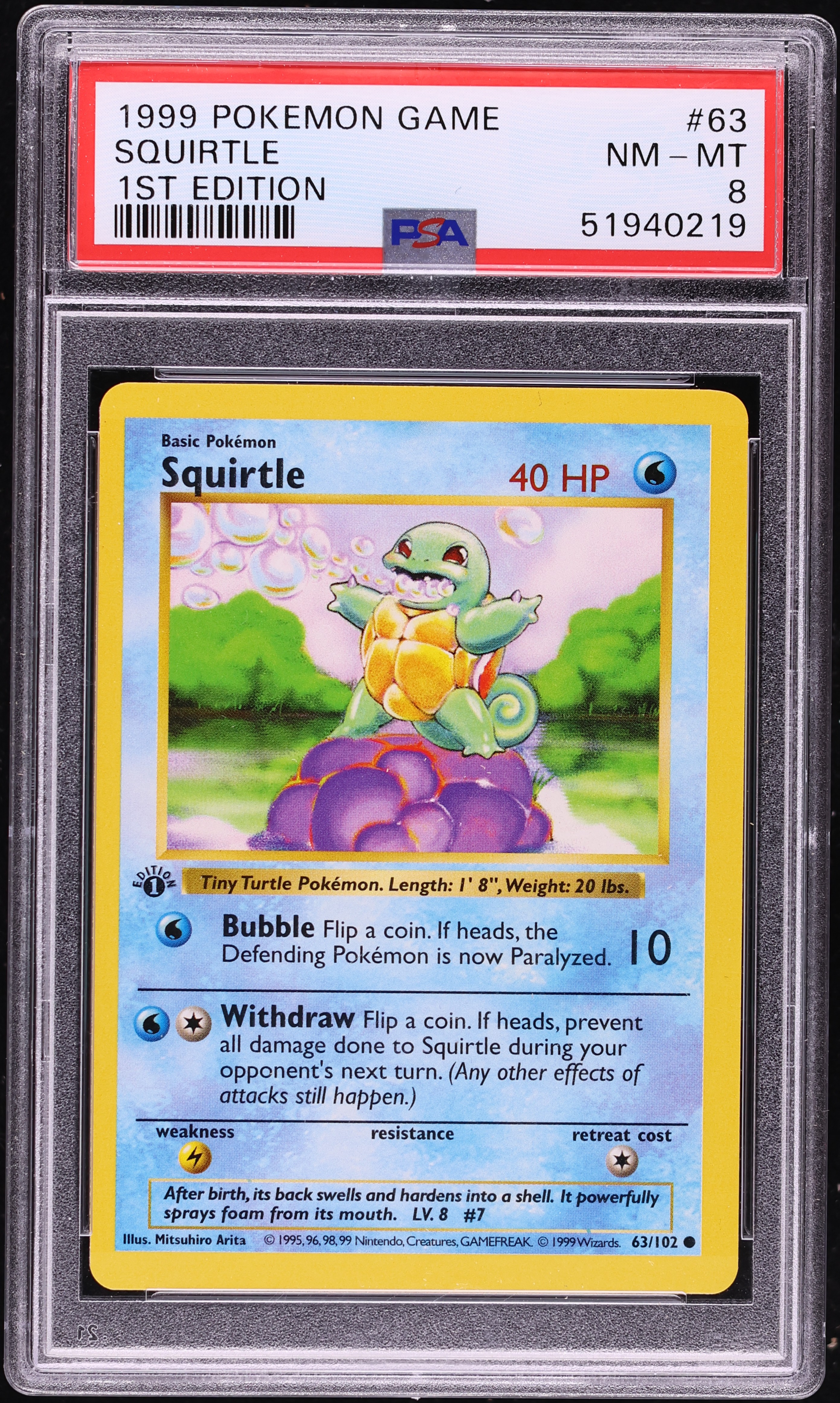 1999 Pokemon Base Set Shadowless 1st Edition Squirtle #63 PSA 8 NM-MT