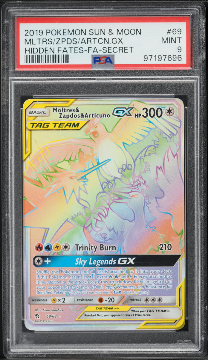 2019 Pokemon Sun & Moon Hidden Fates Rainbow Rare Moltres & Zapdos & Articuno GX #69 PSA 9 MINT