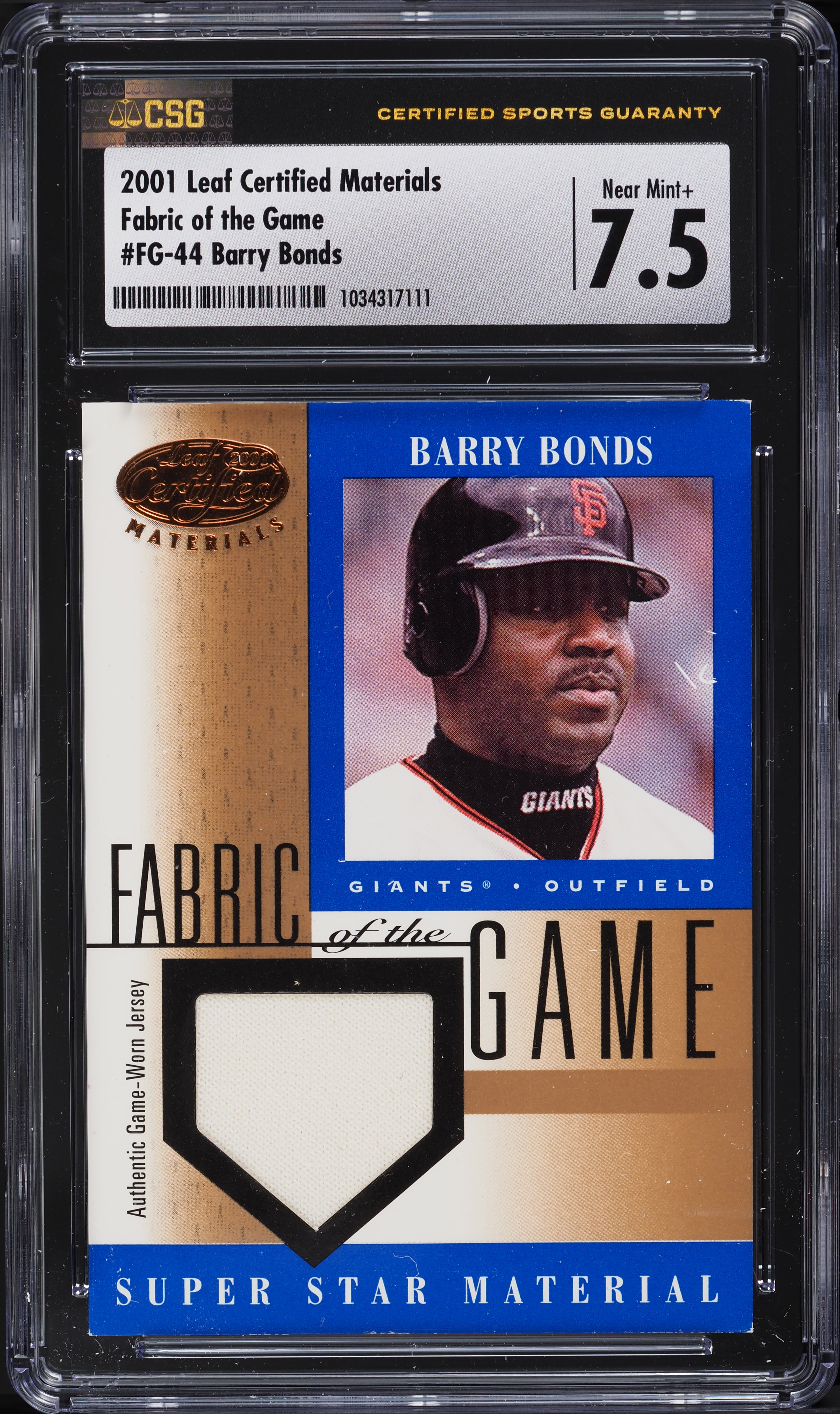 2001 Leaf Certified Materials Fabric Of The Game Barry Bonds PATCH CSG 7.5 NRMT+
