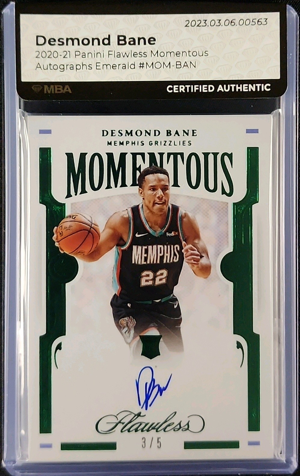 2020 Panini Flawless Momentous Emerald Desmond Bane ROOKIE AUTO /5 MBA AUTH