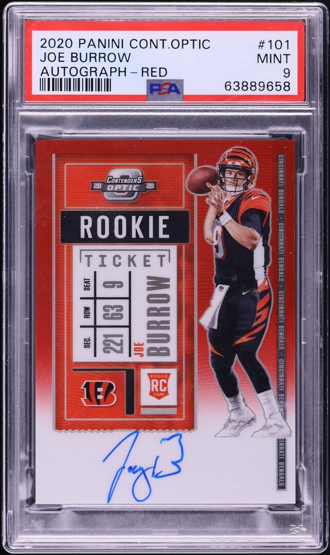 2020 Panini Contenders Optic Prizm Red Joe Burrow ROOKIE AUTO /199 #101 PSA 9