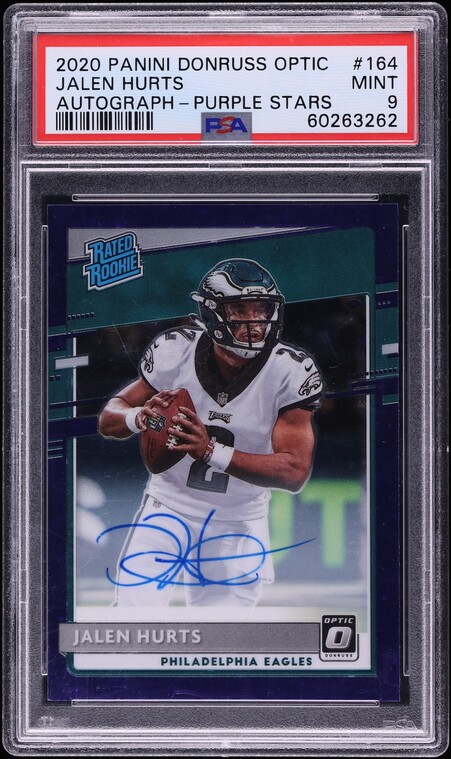 2020 Donruss Optic Purple Stars Jalen Hurts ROOKIE AUTO /50 #164 PSA 9 MINT