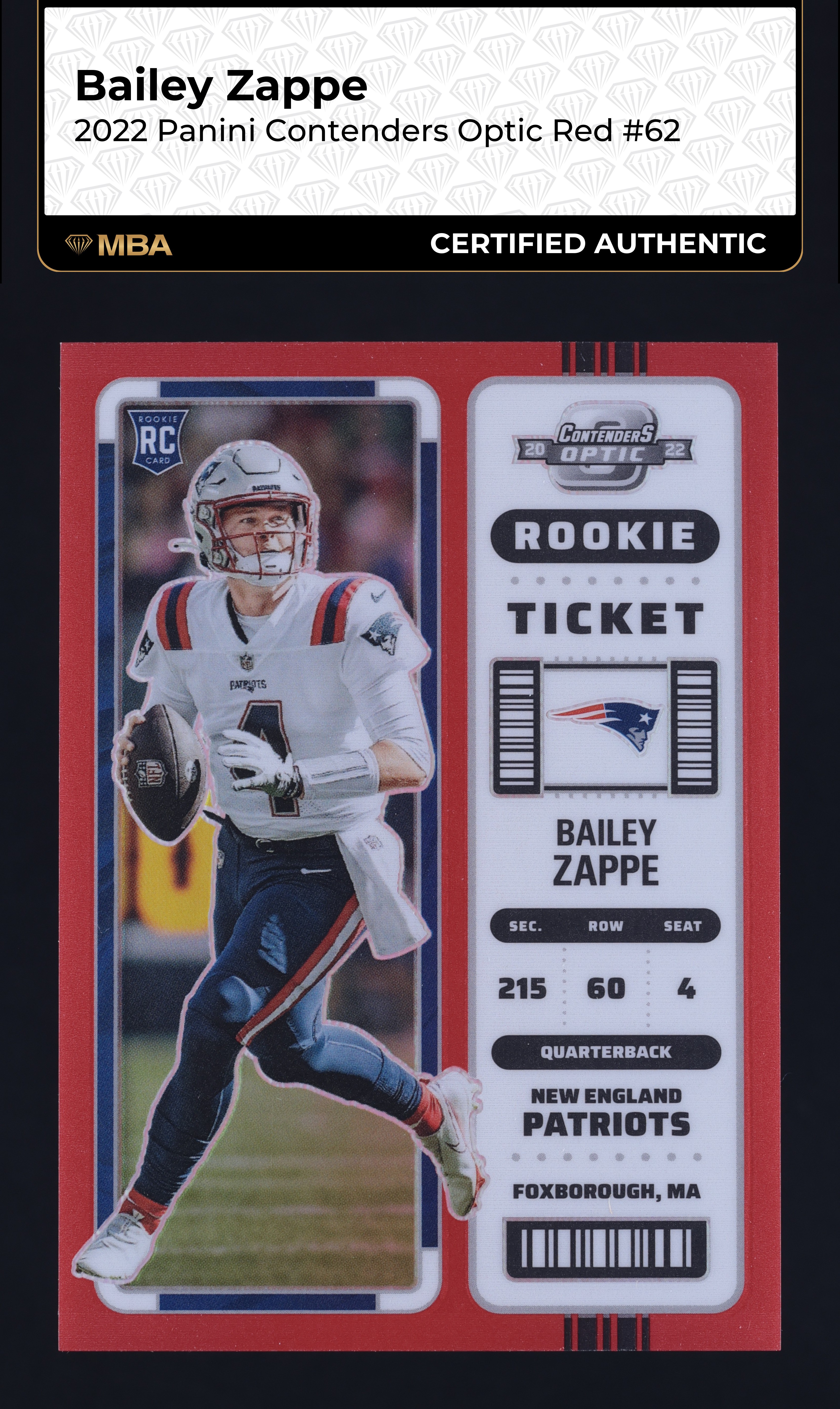 2022 Panini Contenders Optic Red Bailey Zappe ROOKIE /175 #62 MBA AUTH