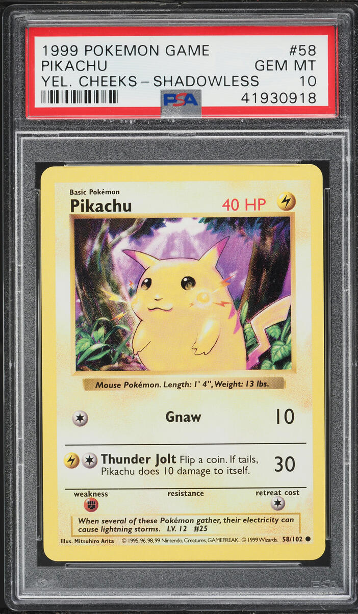 1999 Pokemon Base Set Shadowless Yellow Cheeks Pikachu #58 PSA 10 GEM MINT