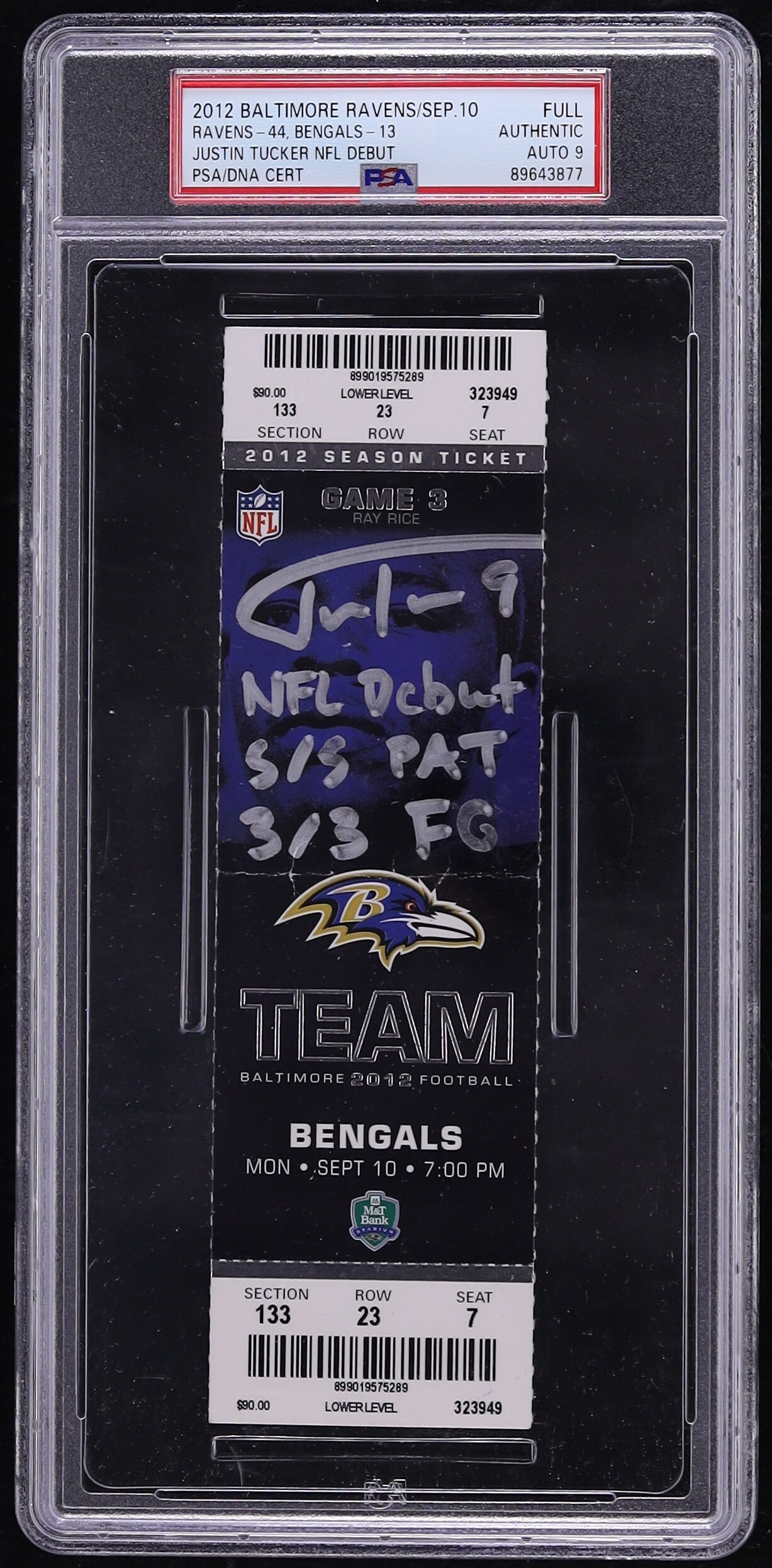 2012 Baltimore Ravens Ticket Full Justin Tucker NFL Debut AUTO DNA 9 #FULL PSA AUTH