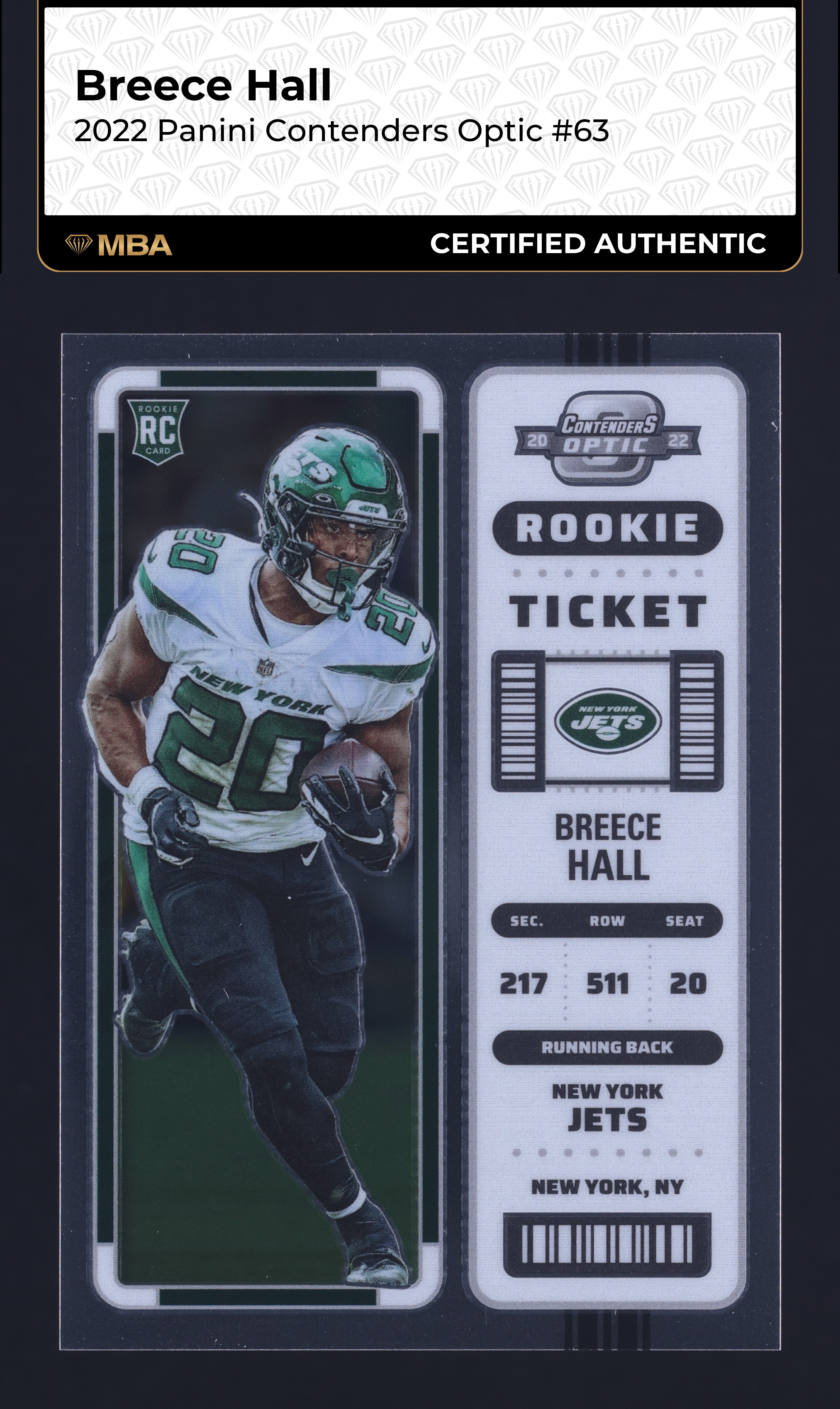 2022 Panini Contenders Optic Breece Hall ROOKIE #63 MBA AUTH