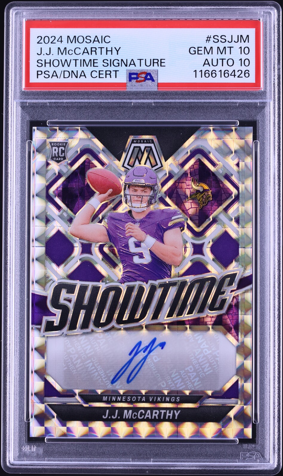 2024 Panini Mosaic Showtime J.J. McCarthy ROOKIE AUTO DNA 10 #SS-JJM PSA 10 GEM