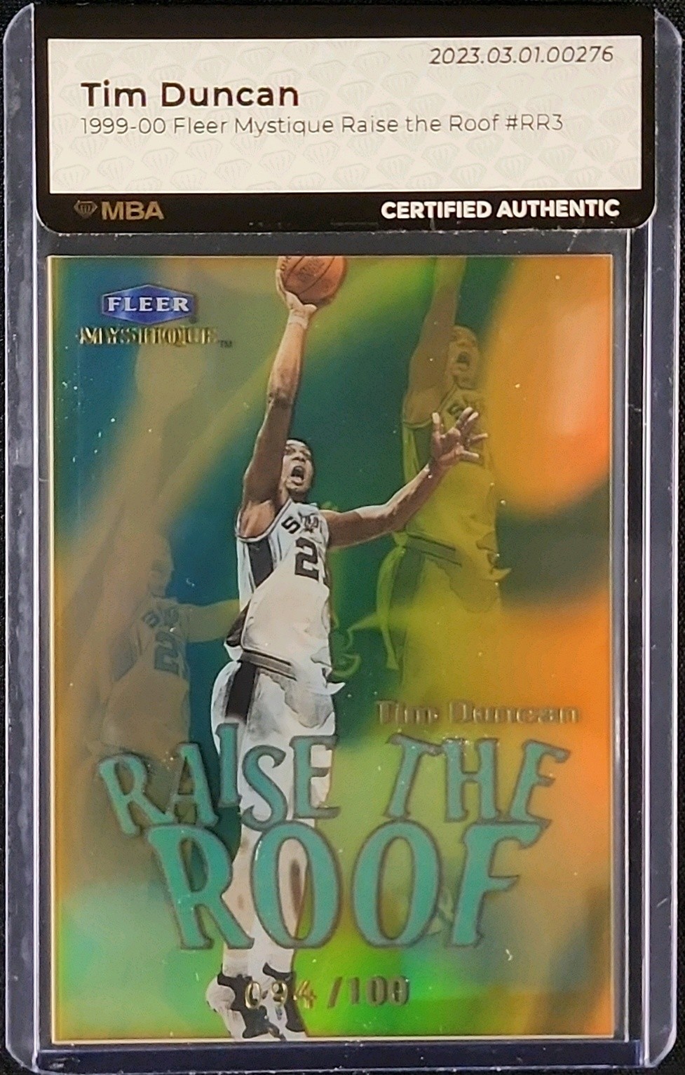 1999 Fleer Mystique Raise The Roof Tim Duncan /100 #RR3 MBA AUTH