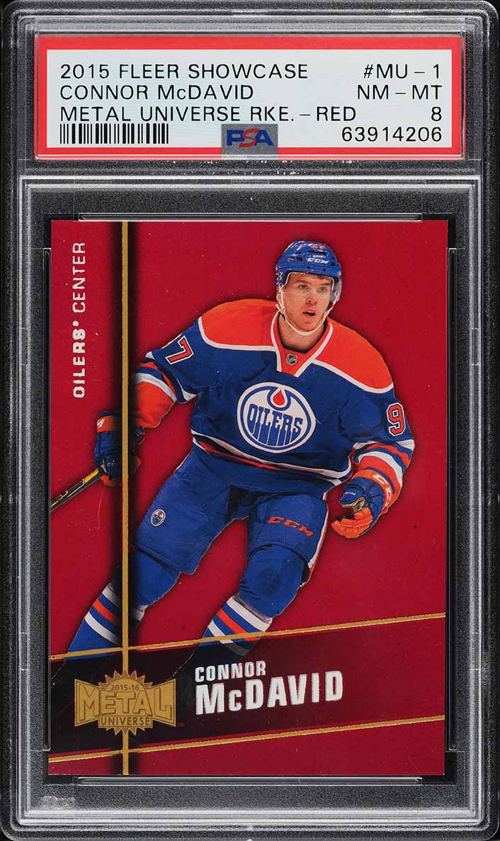 2015 Fleer Showcase Precious Metal Gems PMG Red Connor McDavid ROOKIE /150 PSA 8