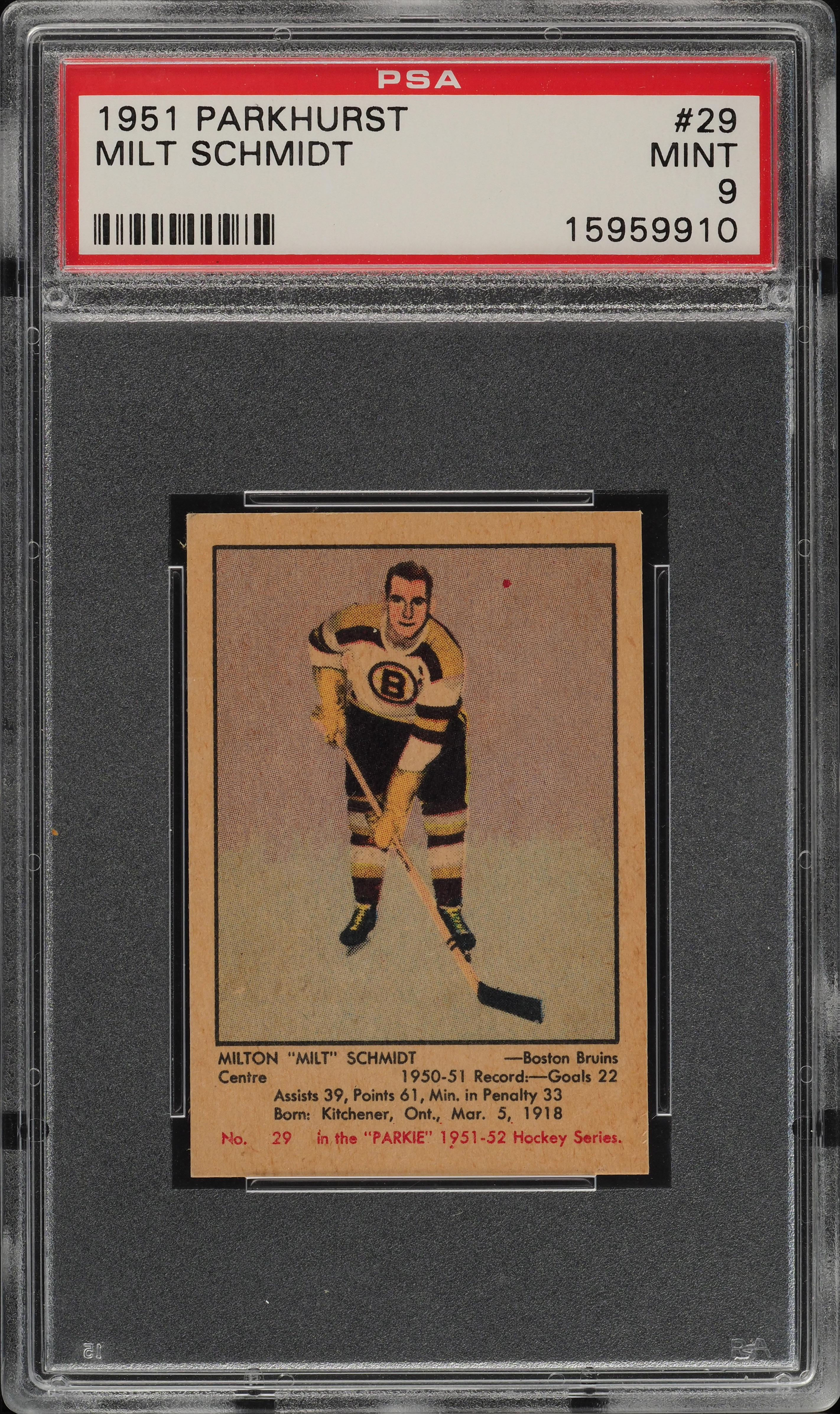 1951 Parkhurst Milt Schmidt #29 PSA 9 MINT