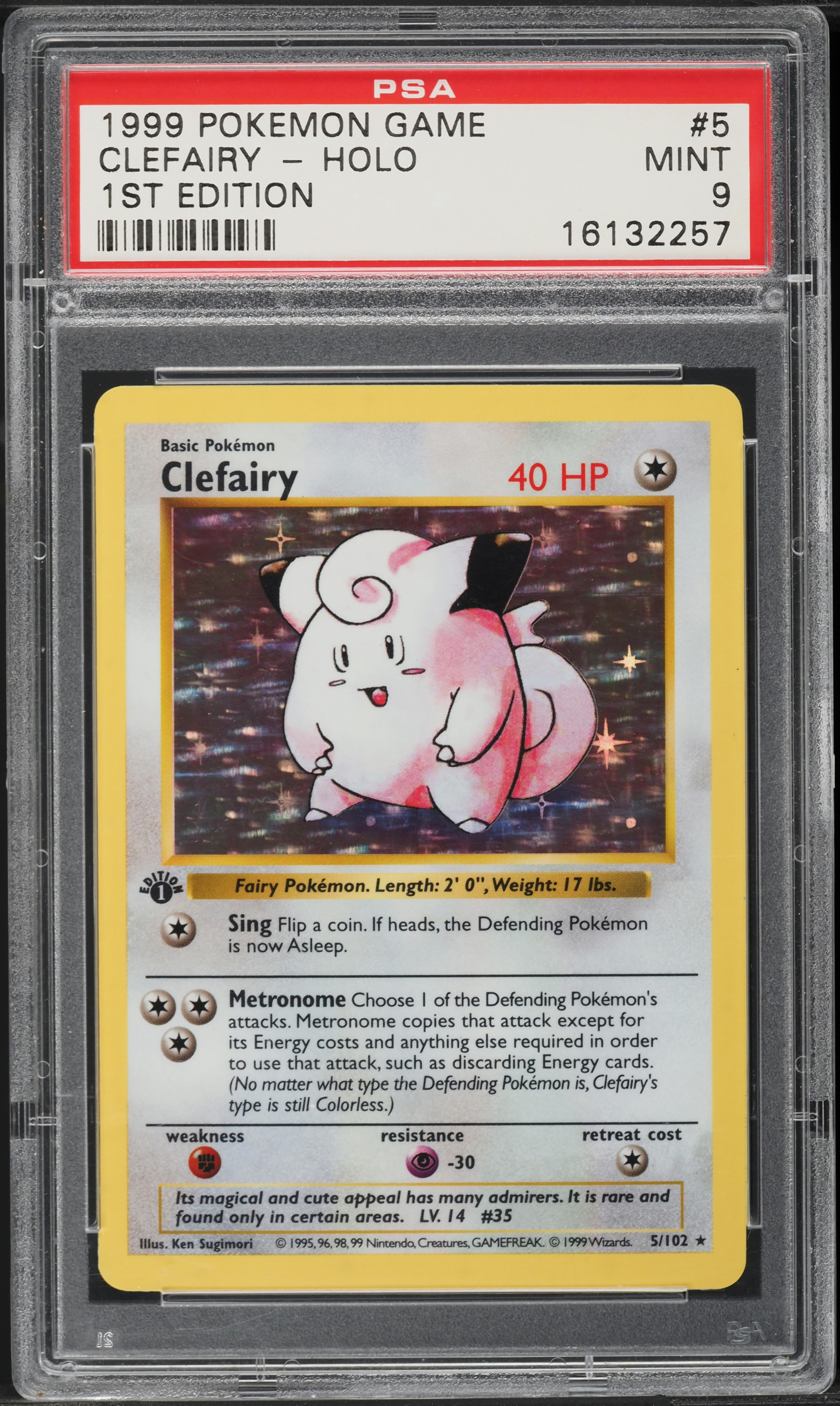 1999 Pokemon Base Set 1st Edition Shadowless Holo Clefairy #5 PSA 9 MINT