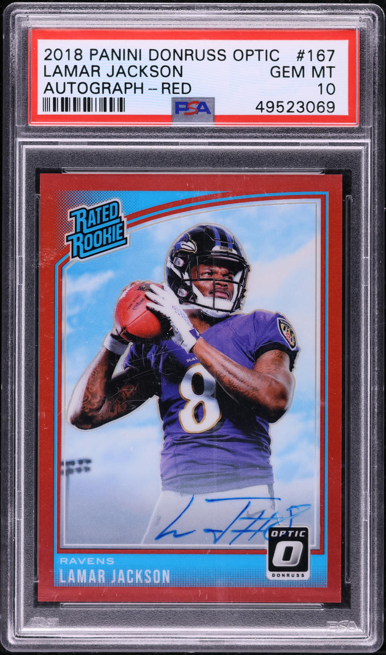 2018 Donruss Optic Red Lamar Jackson ROOKIE AUTO /50 #167 PSA 10 GEM MINT
