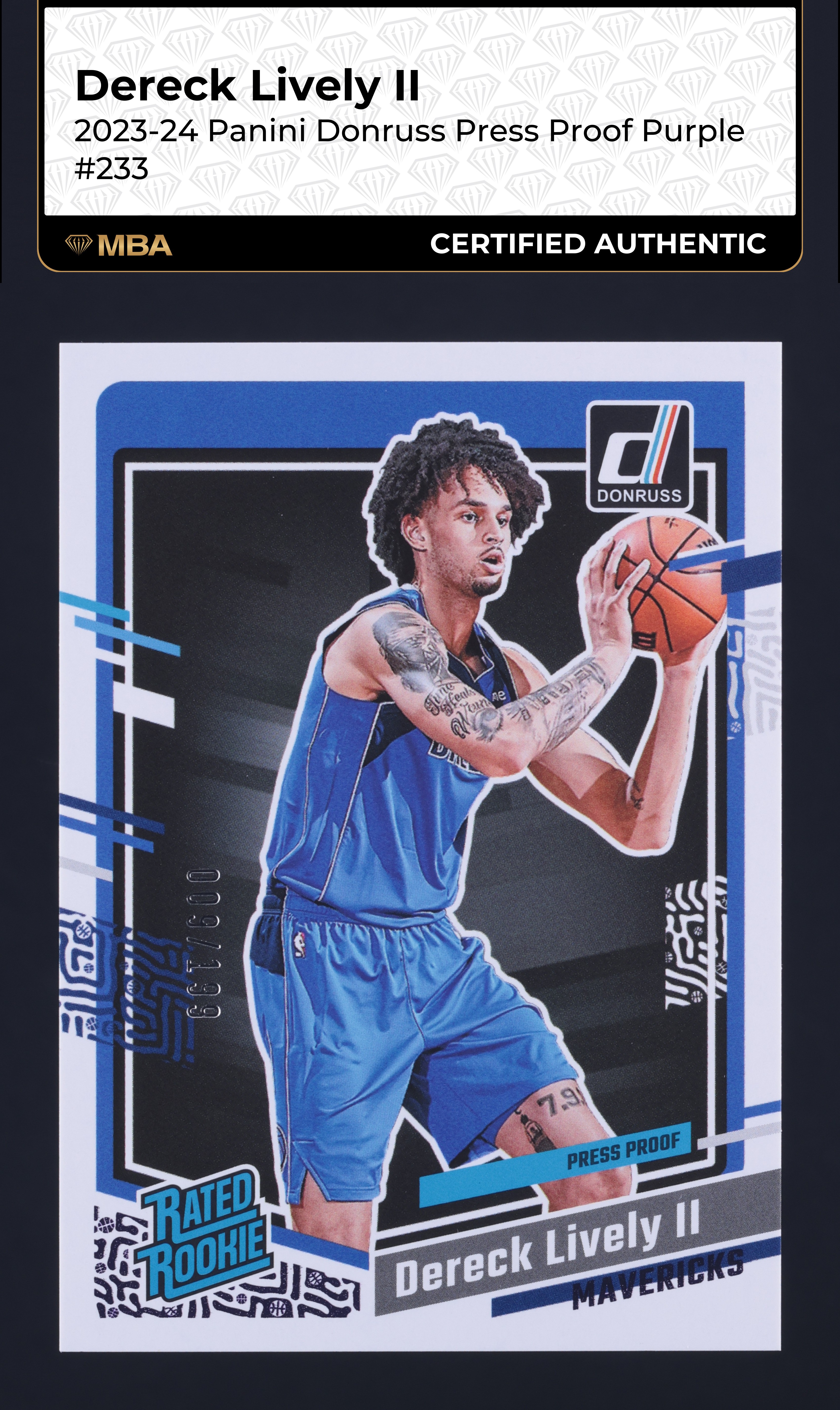 2023 Donruss Press Proof Purple Dereck Lively II ROOKIE /199 #233 MBA AUTH