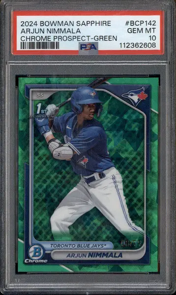 2024 Bowman Sapphire Chrome Prospects Green #BCP142 Arjun Nimmala RC /99 PSA 10