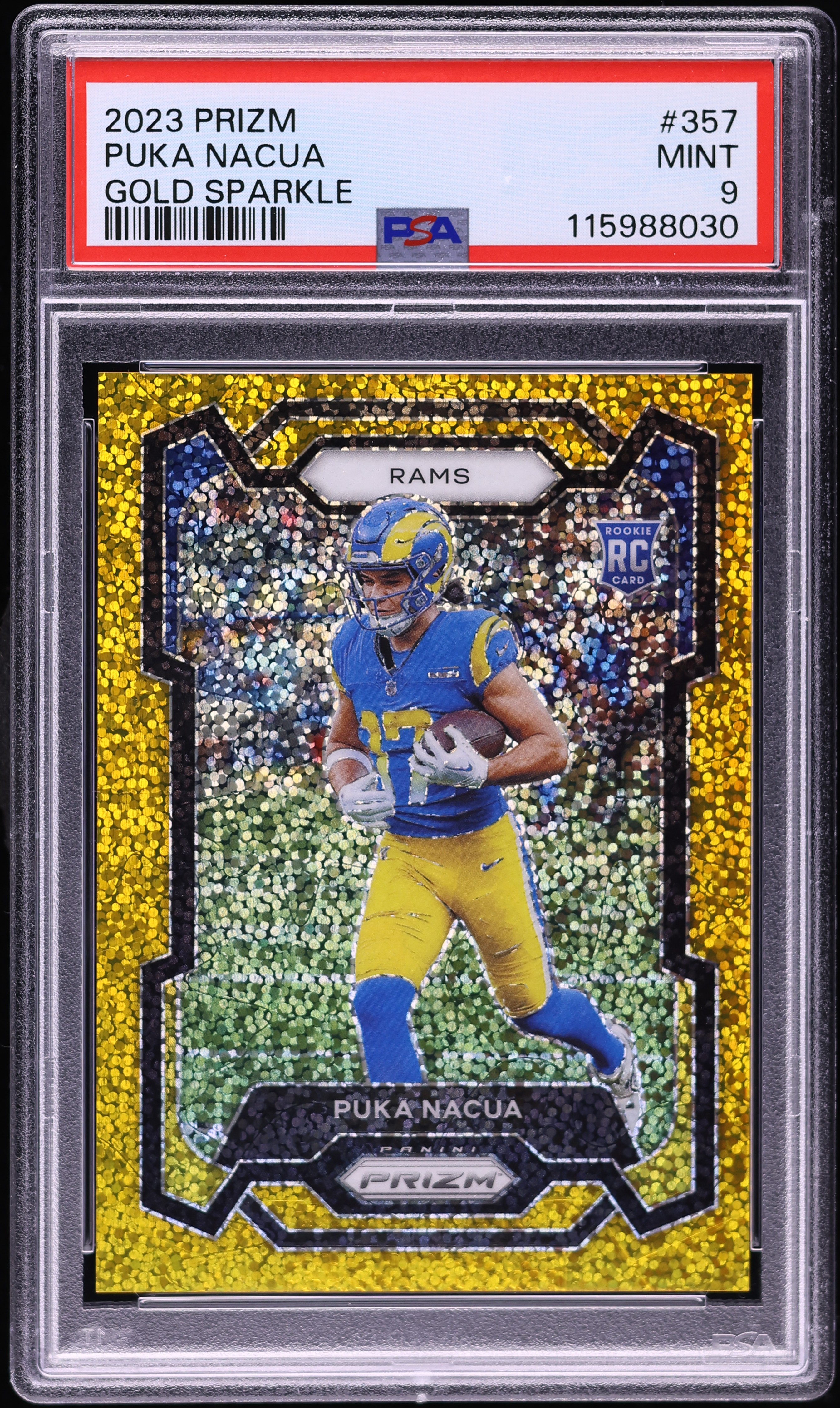 2023 Panini Prizm Gold Sparkle Puka Nacua ROOKIE /24 #357 PSA 9 MINT