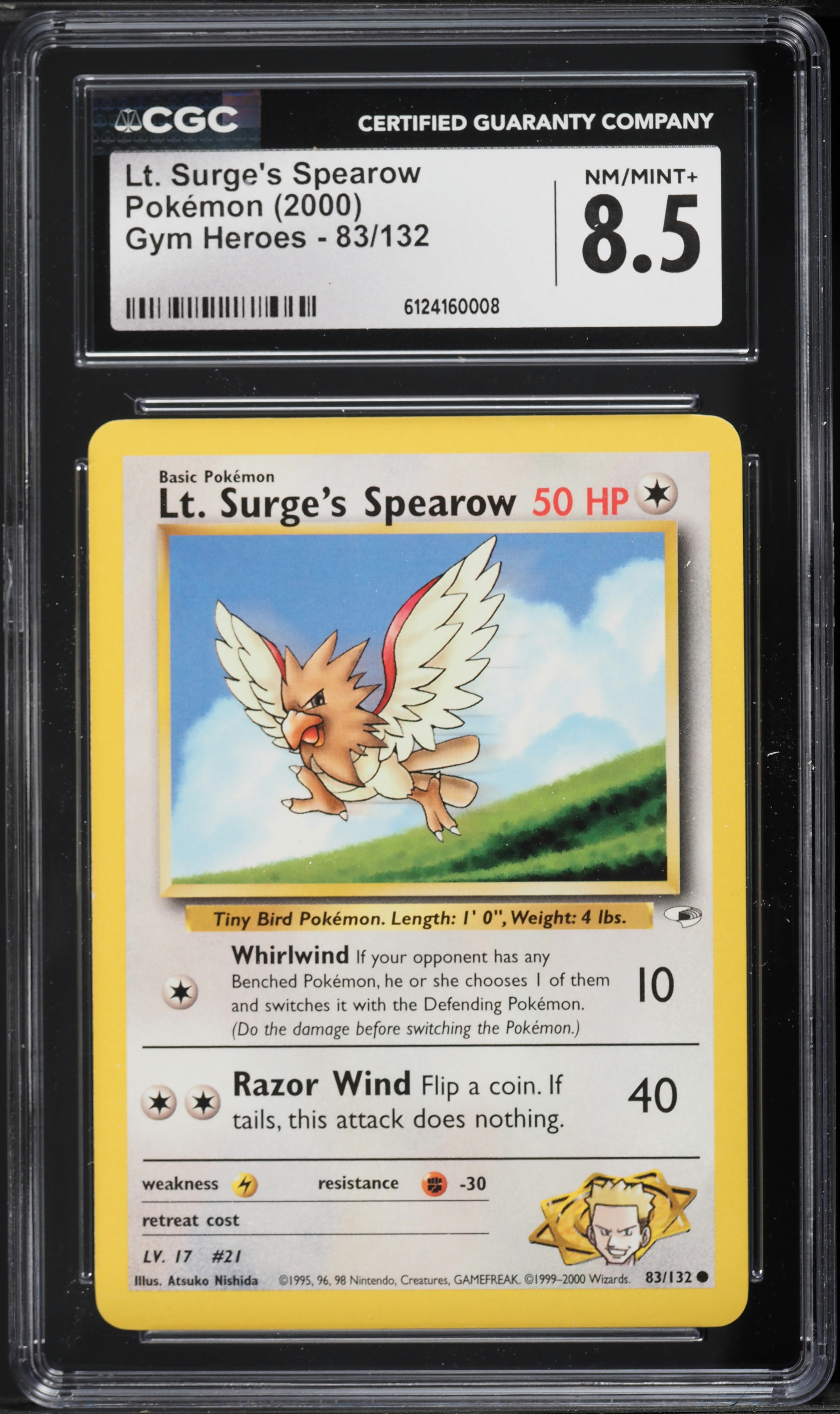 2000 Pokemon Gym Heroes Lt. Surge's Spearow #83 CGC 8.5 NM-MT+