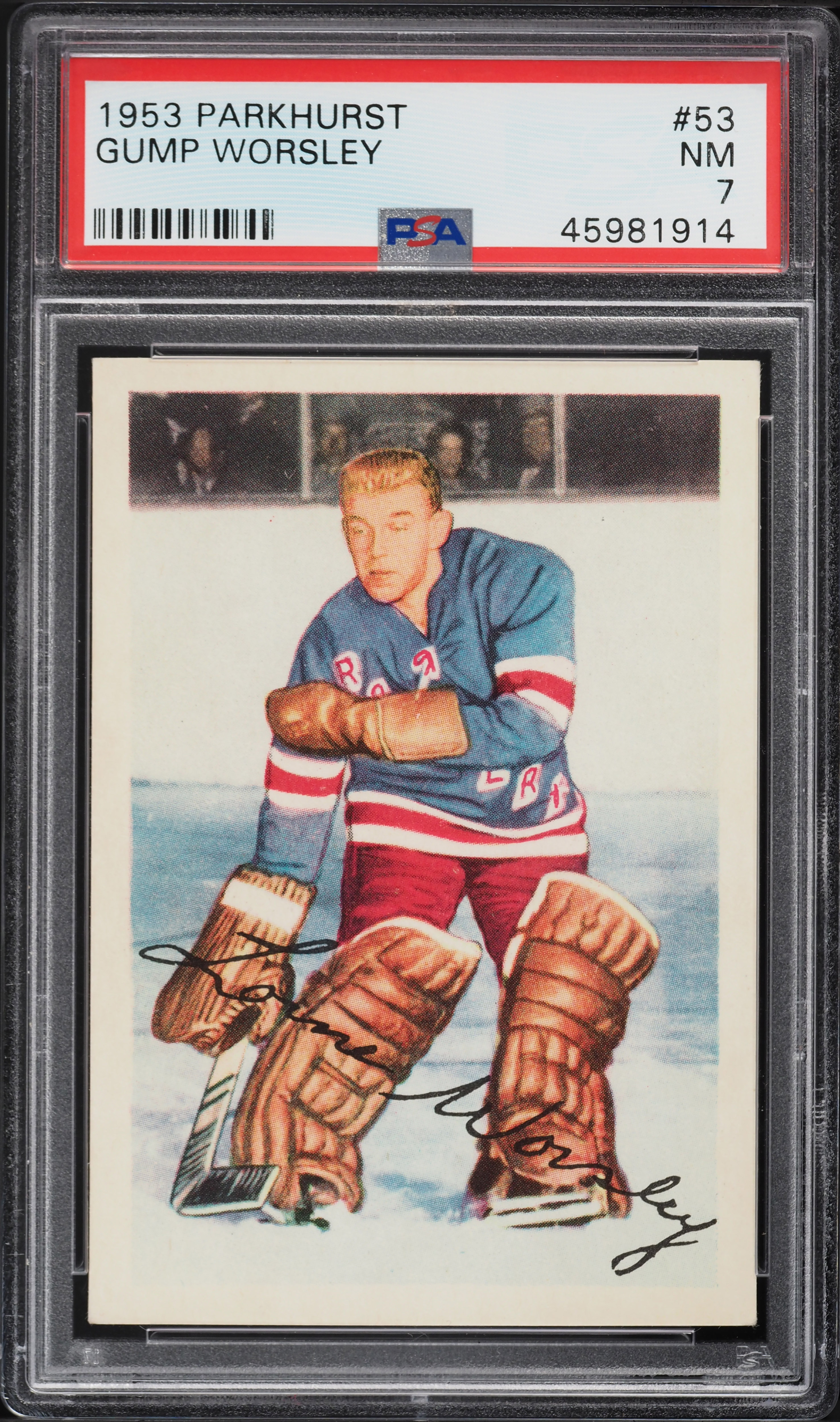 1953 Parkhurst Gump Worsley ROOKIE #53 PSA 7 NRMT
