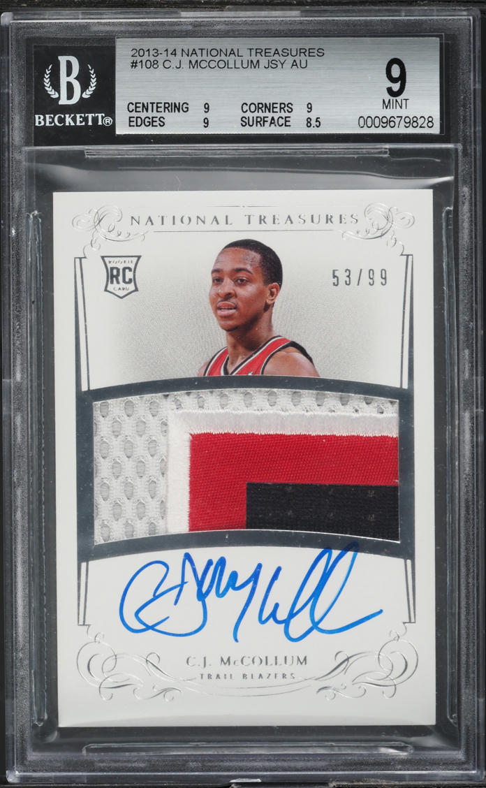 2013 National Treasures C.J. McCollum ROOKIE PATCH AUTO /99 #108 BGS 9 MINT