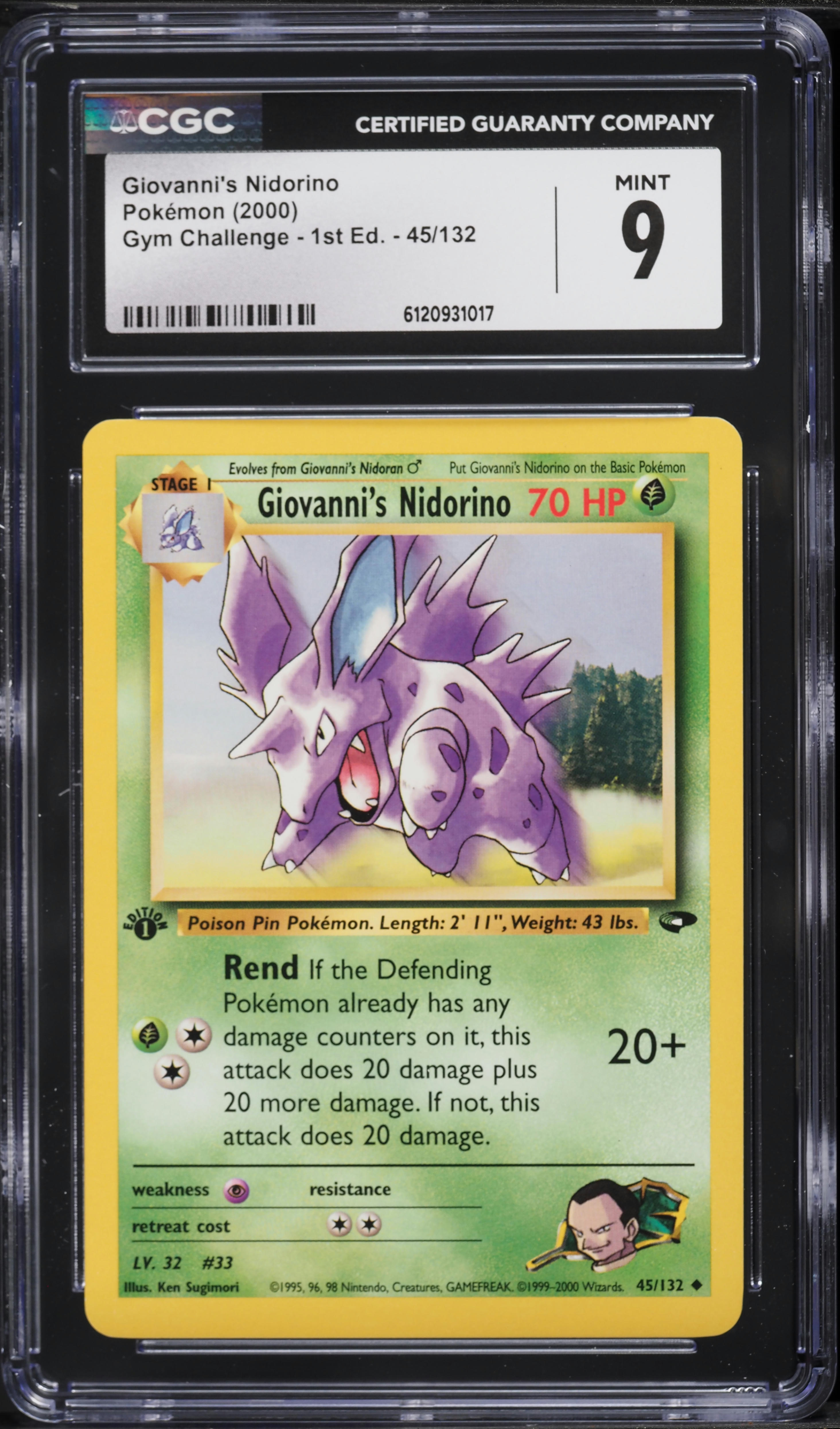 2000 Pokemon Gym Challenge 1st Edition Giovanni's Nidorino #45 CGC 9 MINT
