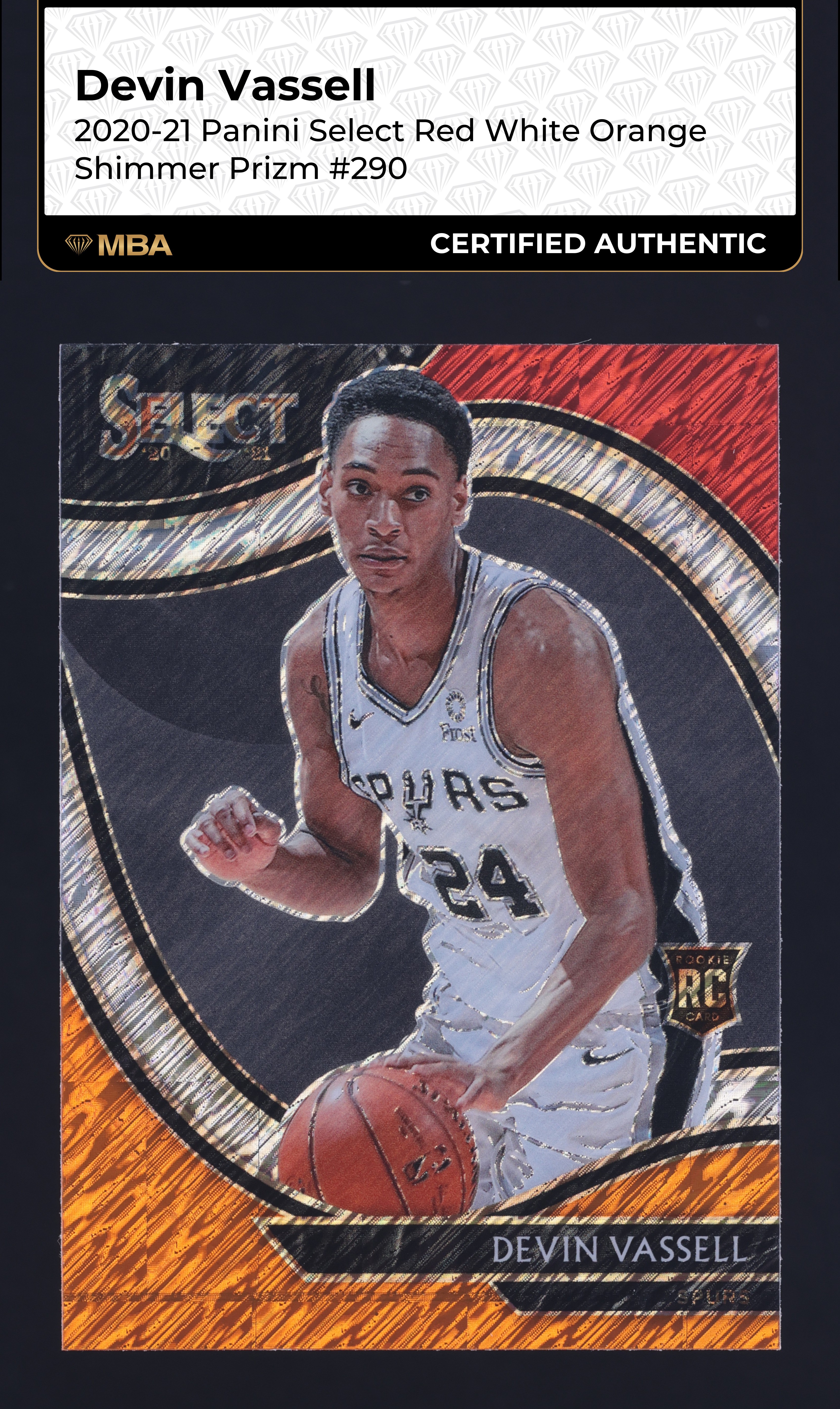 2020 Select Courtside Red White Orange Shimmer Prizm Devin Vassell RC MBA AUTH