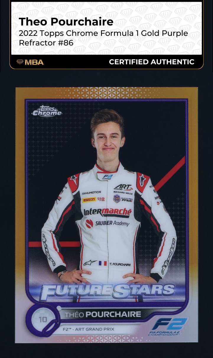 2022 Topps Chrome Formula 1 Gold Purple Refractor Theo Pourchaire #86 MBA AUTH