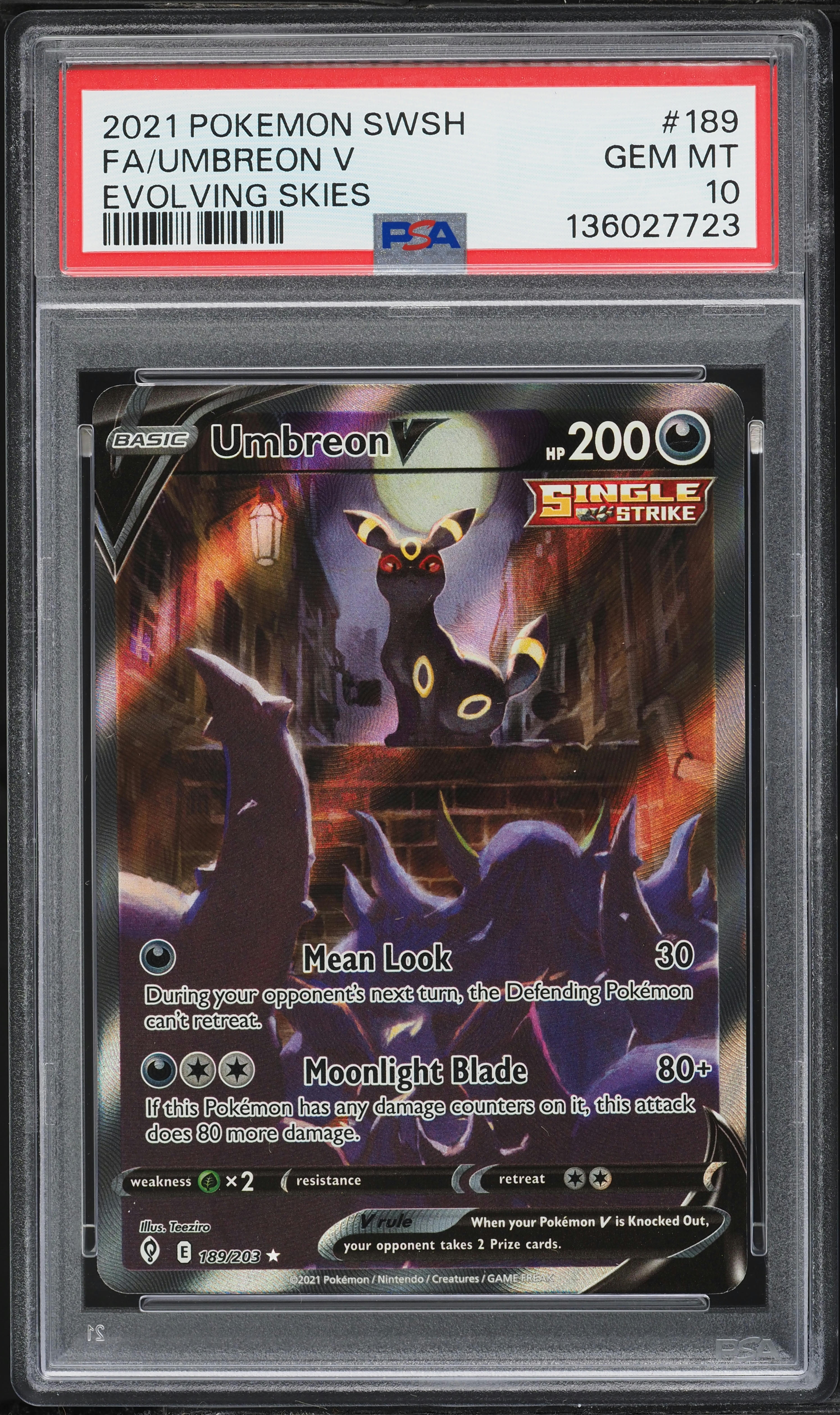 2021 Pokemon Sword & Shield Evolving Skies Full Art Umbreon V #189 PSA 10 GEM MINT