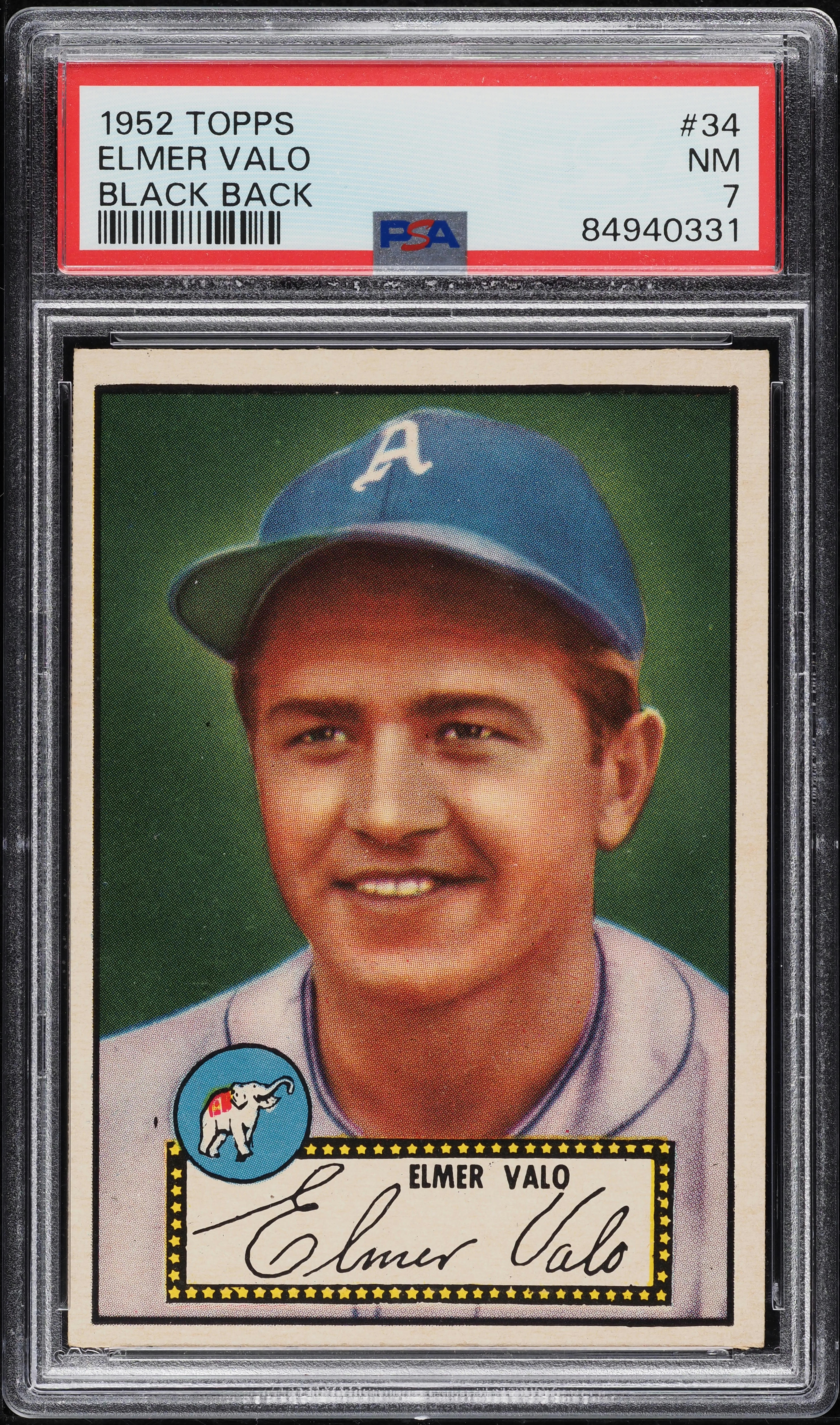 1952 Topps Elmer Valo BLACK BACK #34 PSA 7 NRMT