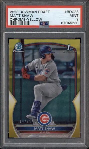 2023 Bowman Draft Chrome Yellow Refractor #BDC33 Matt Shaw RC /75 PSA 9