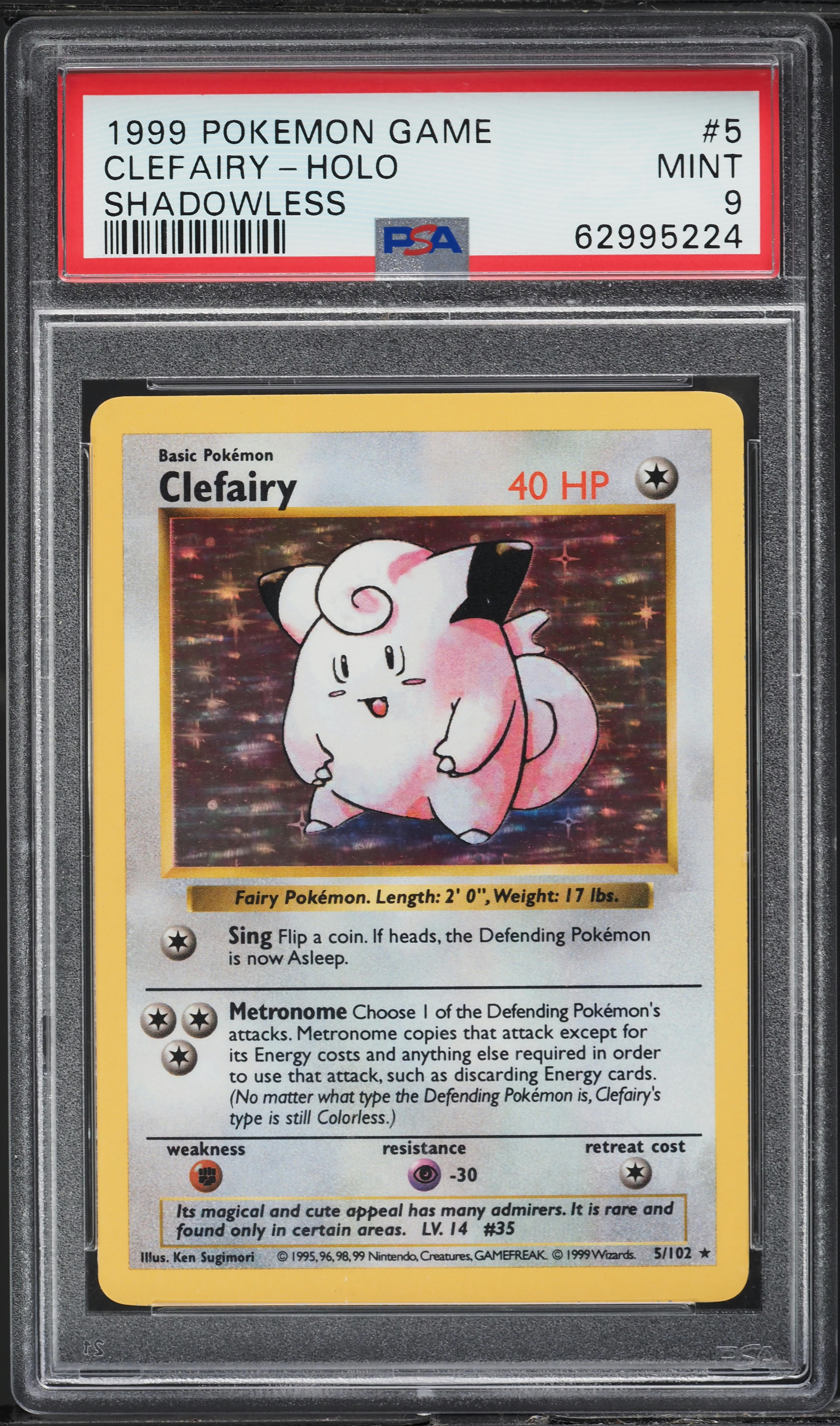 1999 Pokemon Base Set Shadowless Holo Clefairy #5 PSA 9 MINT