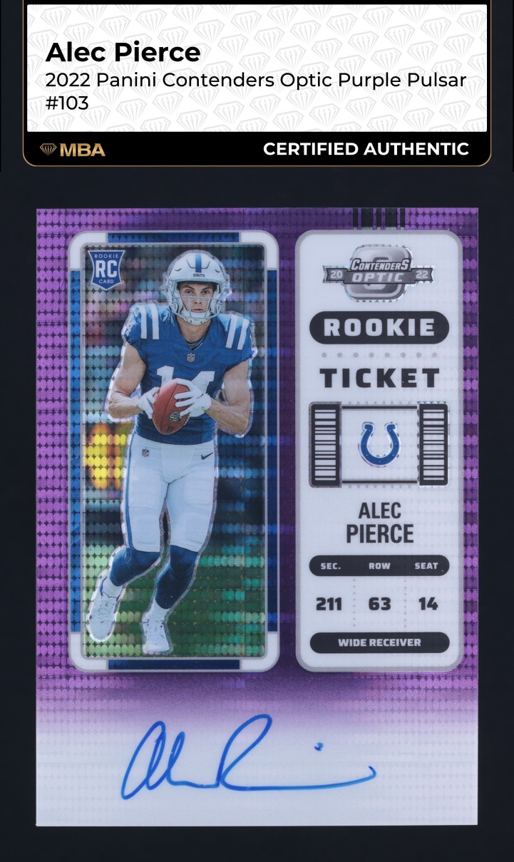 2022 Panini Contenders Optic Purple Pulsar Alec Pierce RC AUTO /21 #103 MBA AUTH