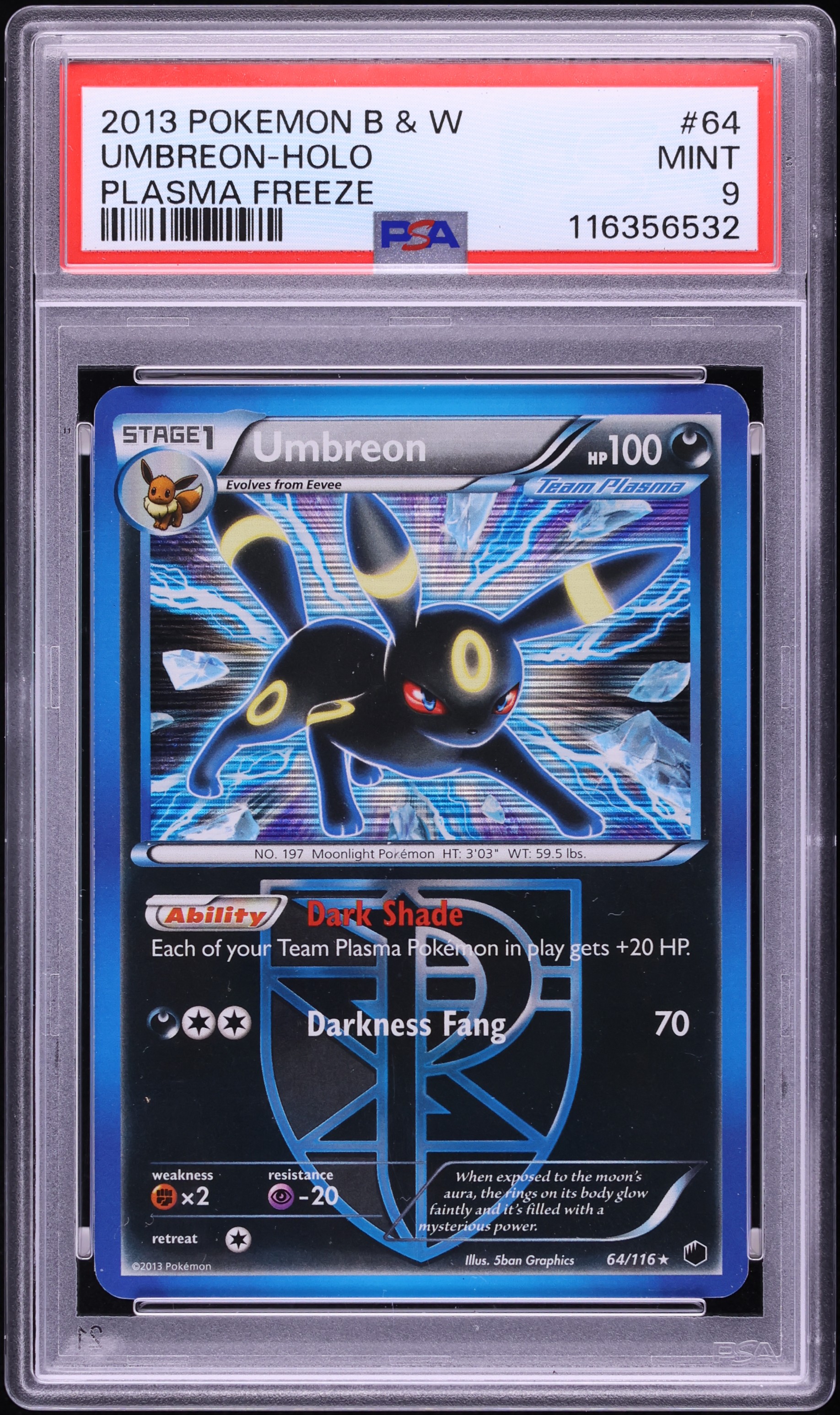 2013 Pokemon Black & White Plasma Freeze Holo Umbreon #64 PSA 9 MINT