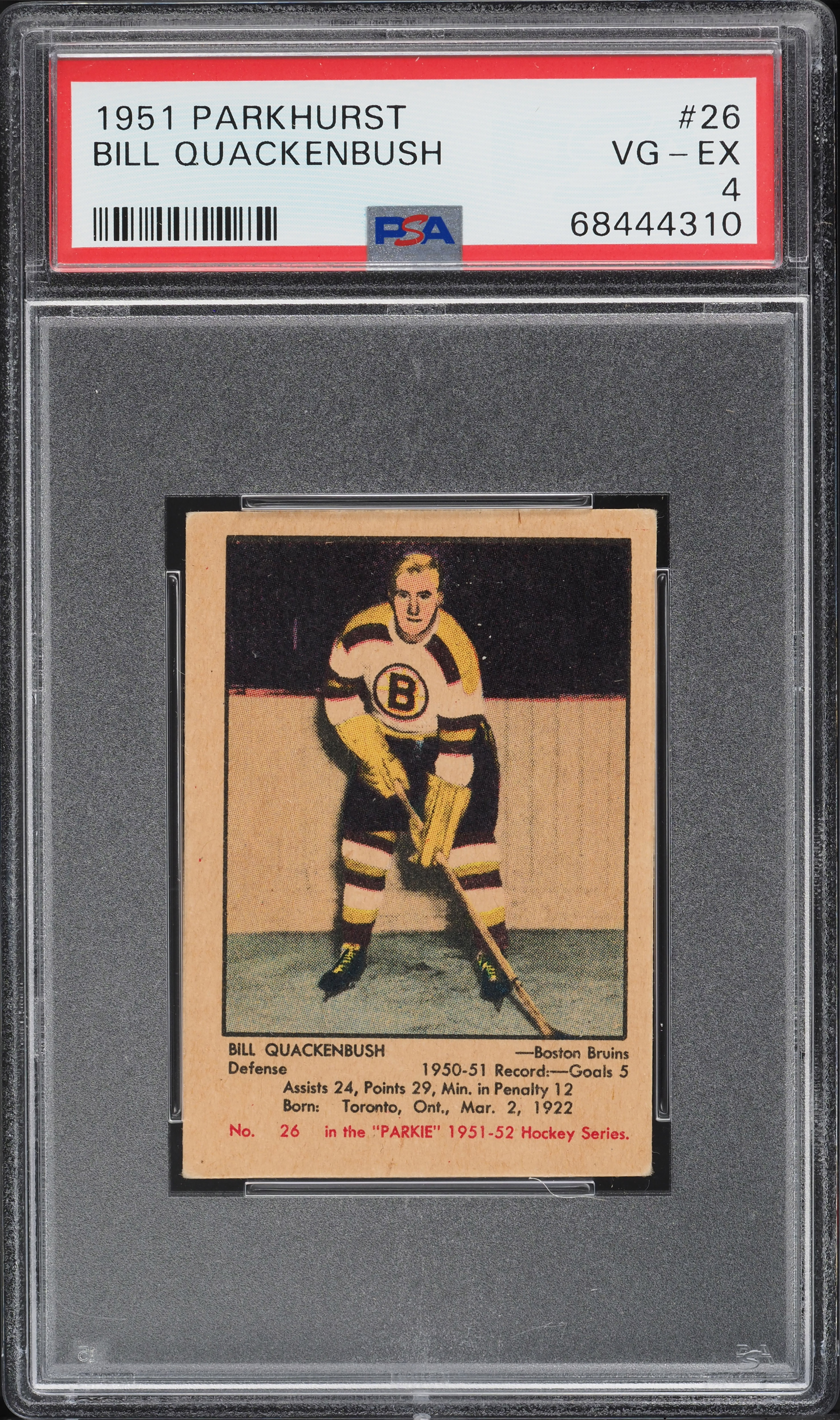 1951 Parkhurst Bill Quackenbush ROOKIE #26 PSA 4 VGEX