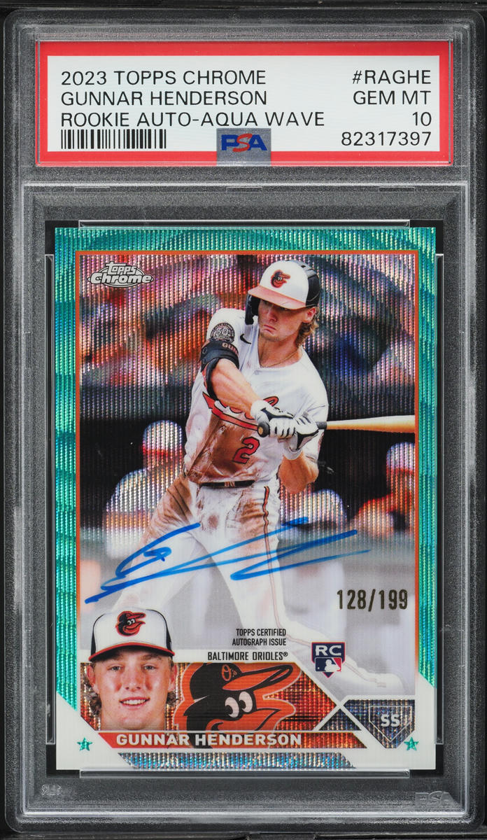 2023 Topps Chrome Aqua Wave Gunnar Henderson ROOKIE AUTO /199 #RAGHE PSA 10 GEM