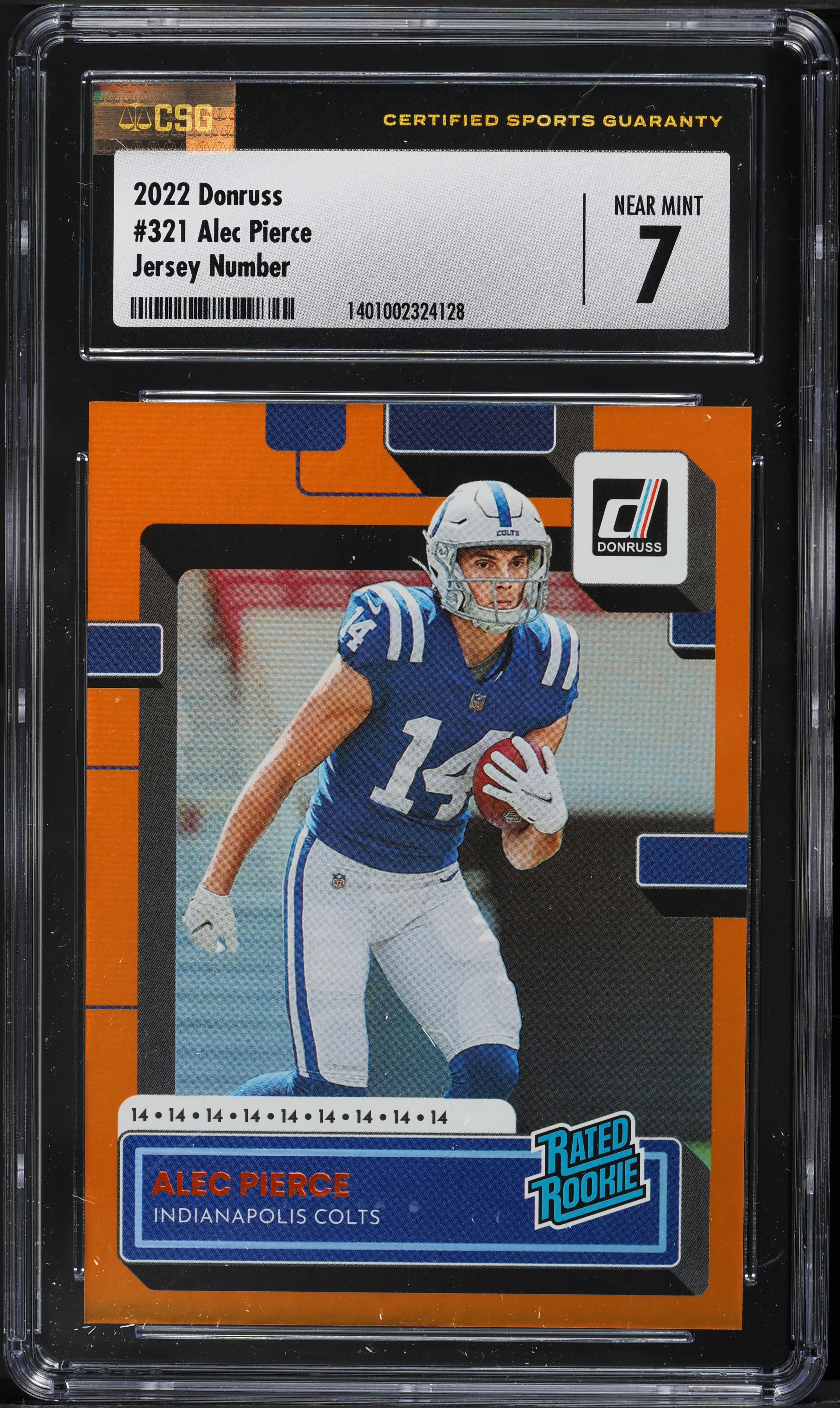 2022 Donruss Jersey Number Alec Pierce ROOKIE /14 #321 CSG 7 NRMT