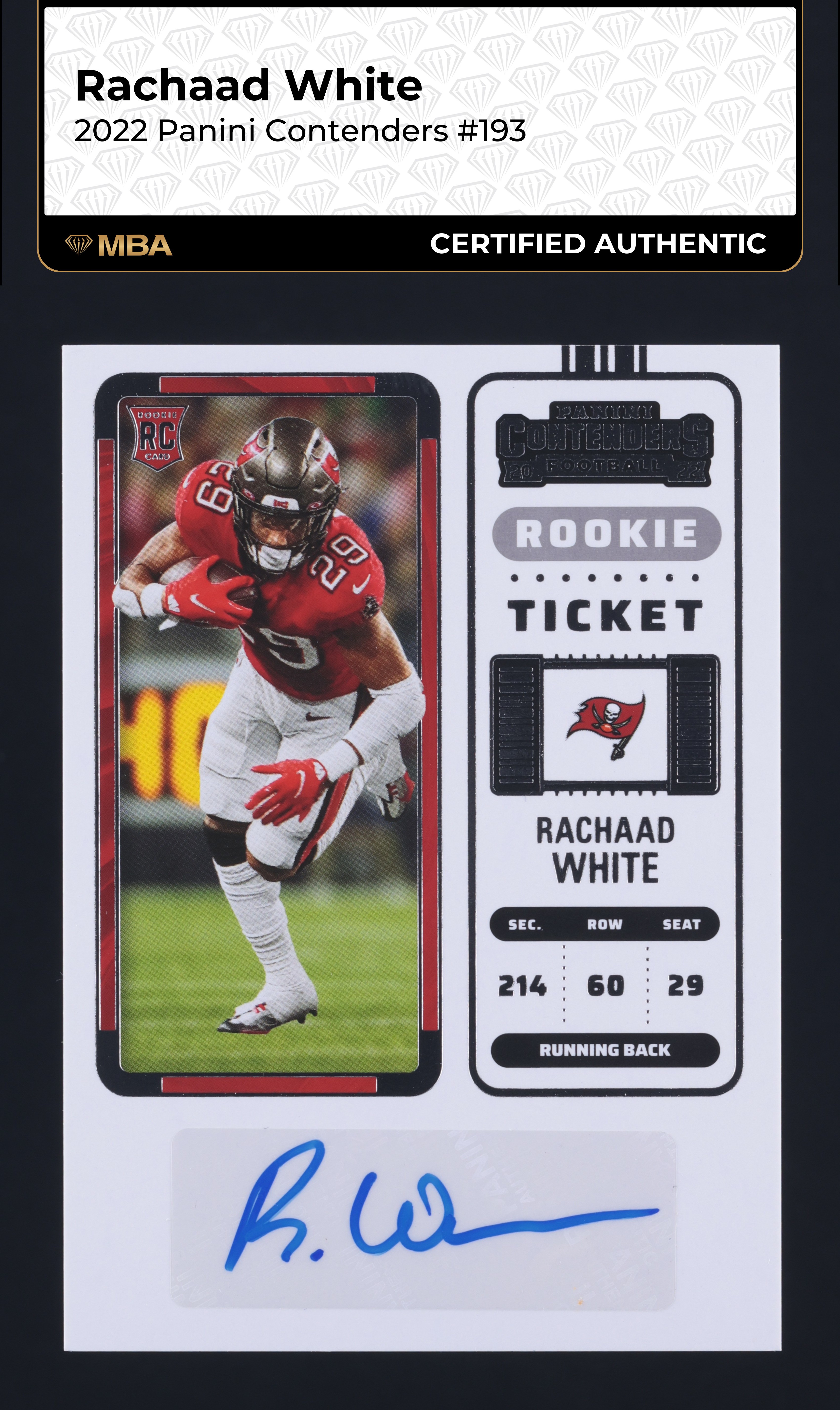 2022 Panini Contenders Rachaad White ROOKIE AUTO #193 MBA AUTH