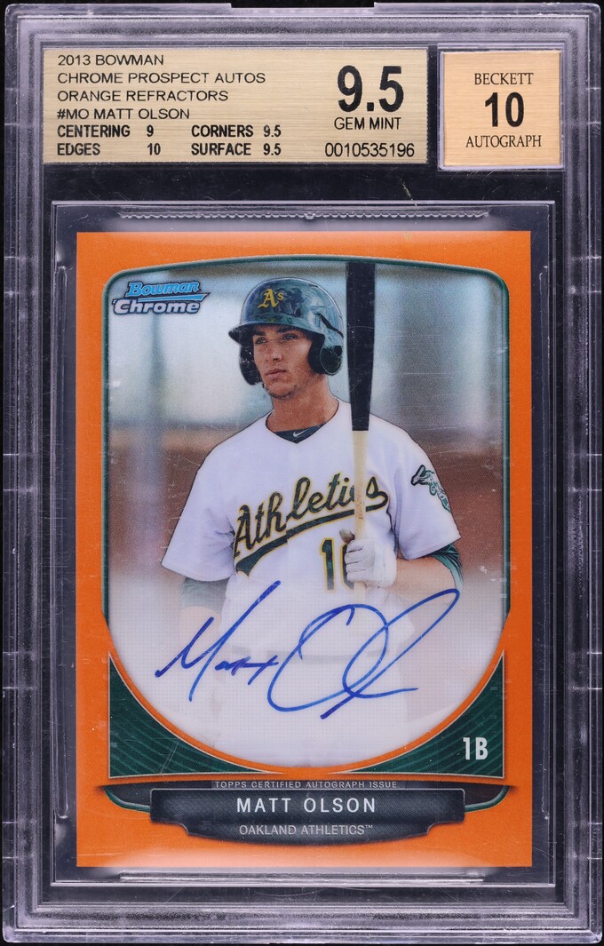 2013 Bowman Chrome Orange Refractor Matt Olson ROOKIE AUTO /25 BGS 9.5 GEM MINT