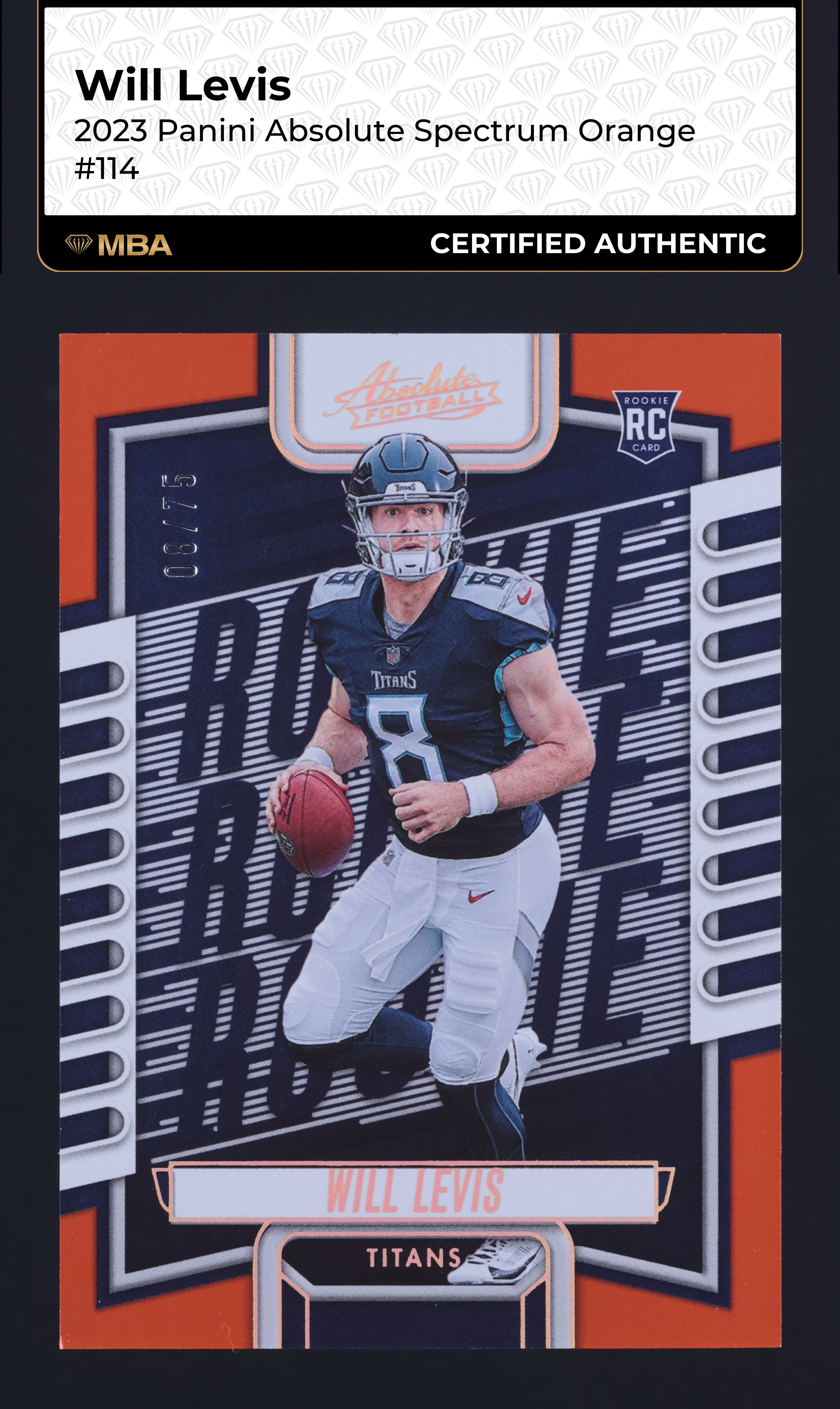 2023 Absolute Spectrum Orange Will Levis ROOKIE JERSEY # 8/75 #114 MBA AUTH
