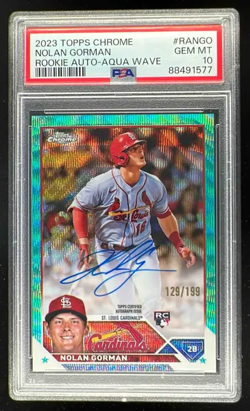 2023 Topps Chrome Rookie Aqua Wave Refractor Nolan Gorman RC Auto /199 PSA 10