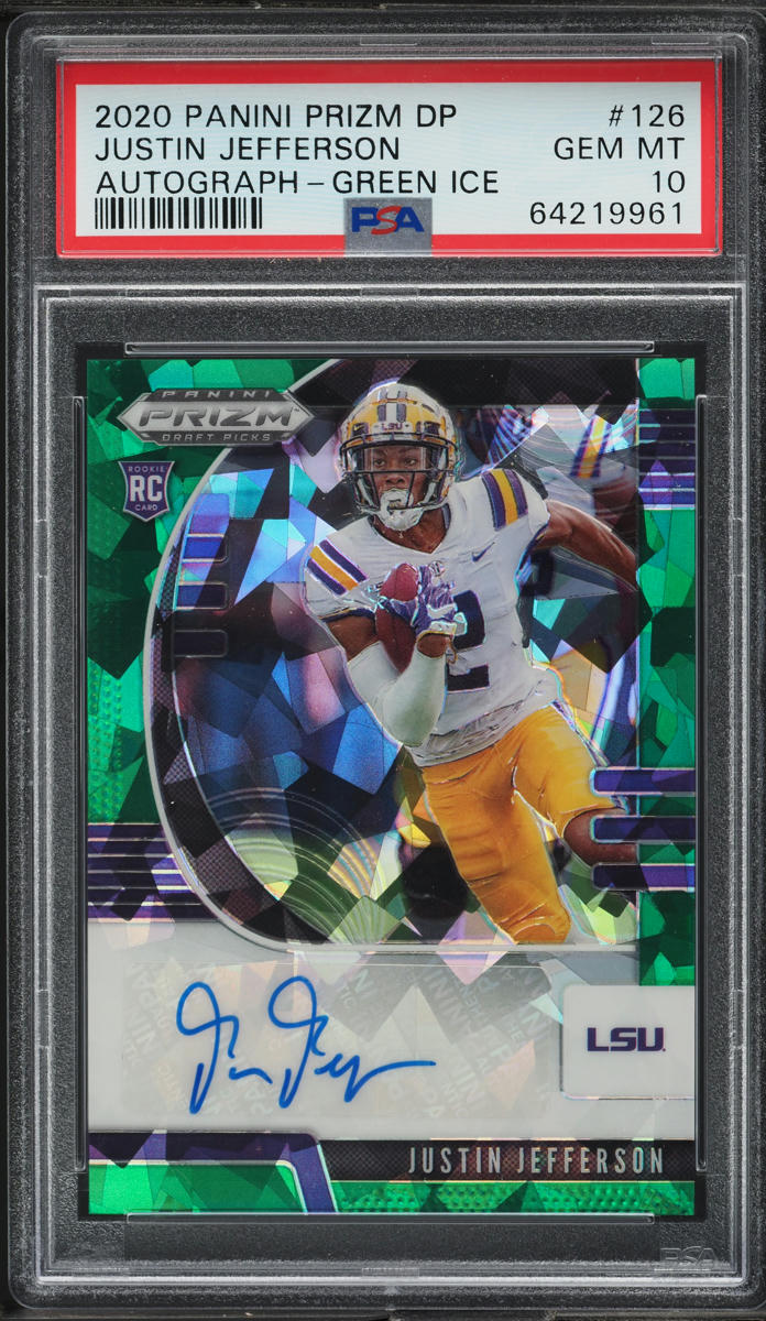 2020 Panini Prizm Draft Picks Green Ice Justin Jefferson RC AUTO /18 #126 PSA 10