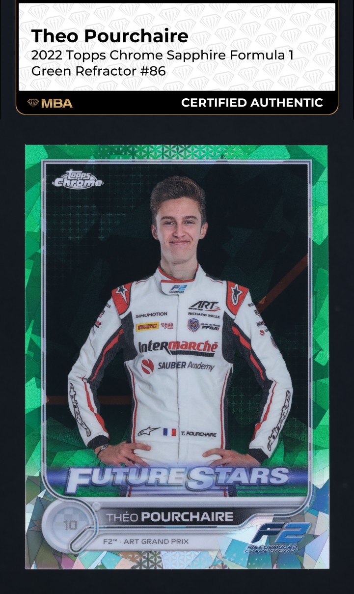 2022 Topps Chrome Sapphire F1 Green Refractor Theo Pourchaire /75 #86 MBA AUTH