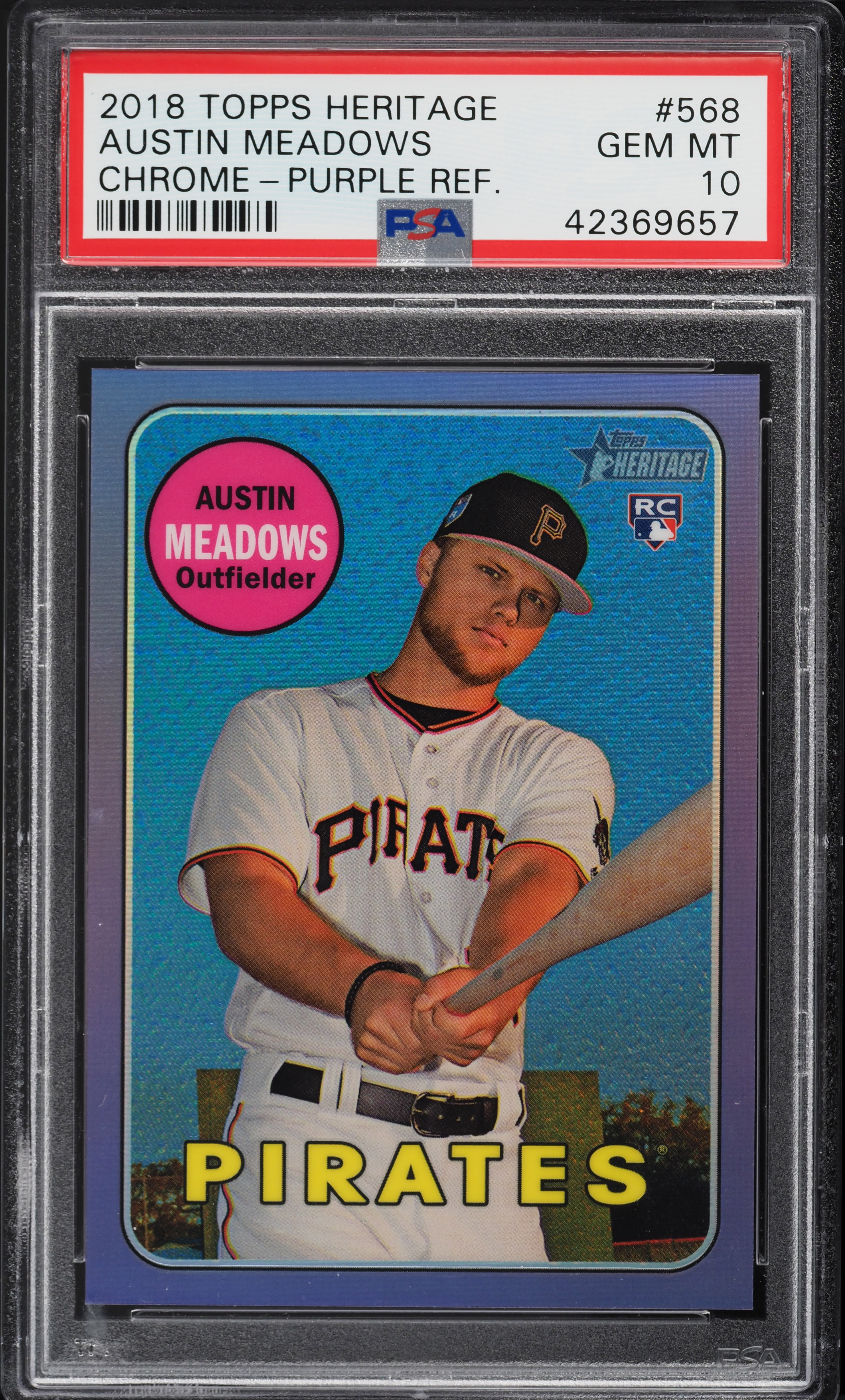 2018 Topps Heritage Chrome Purple Refractor Austin Meadows ROOKIE #568 PSA 10