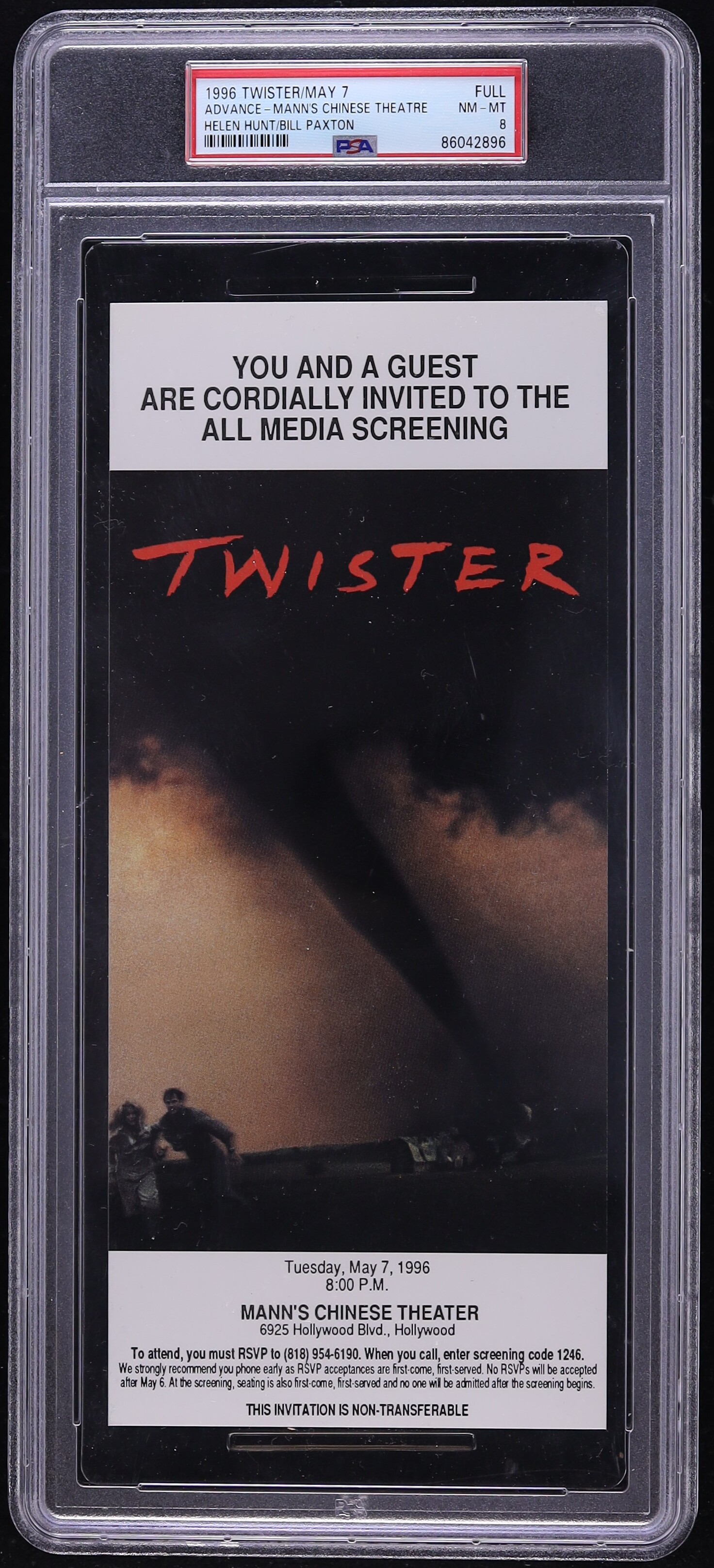 1996 Twister Full Ticket Helen Hunt Bill Paxton Advance Mann's Chinese Theatre PSA 8 NM-MT