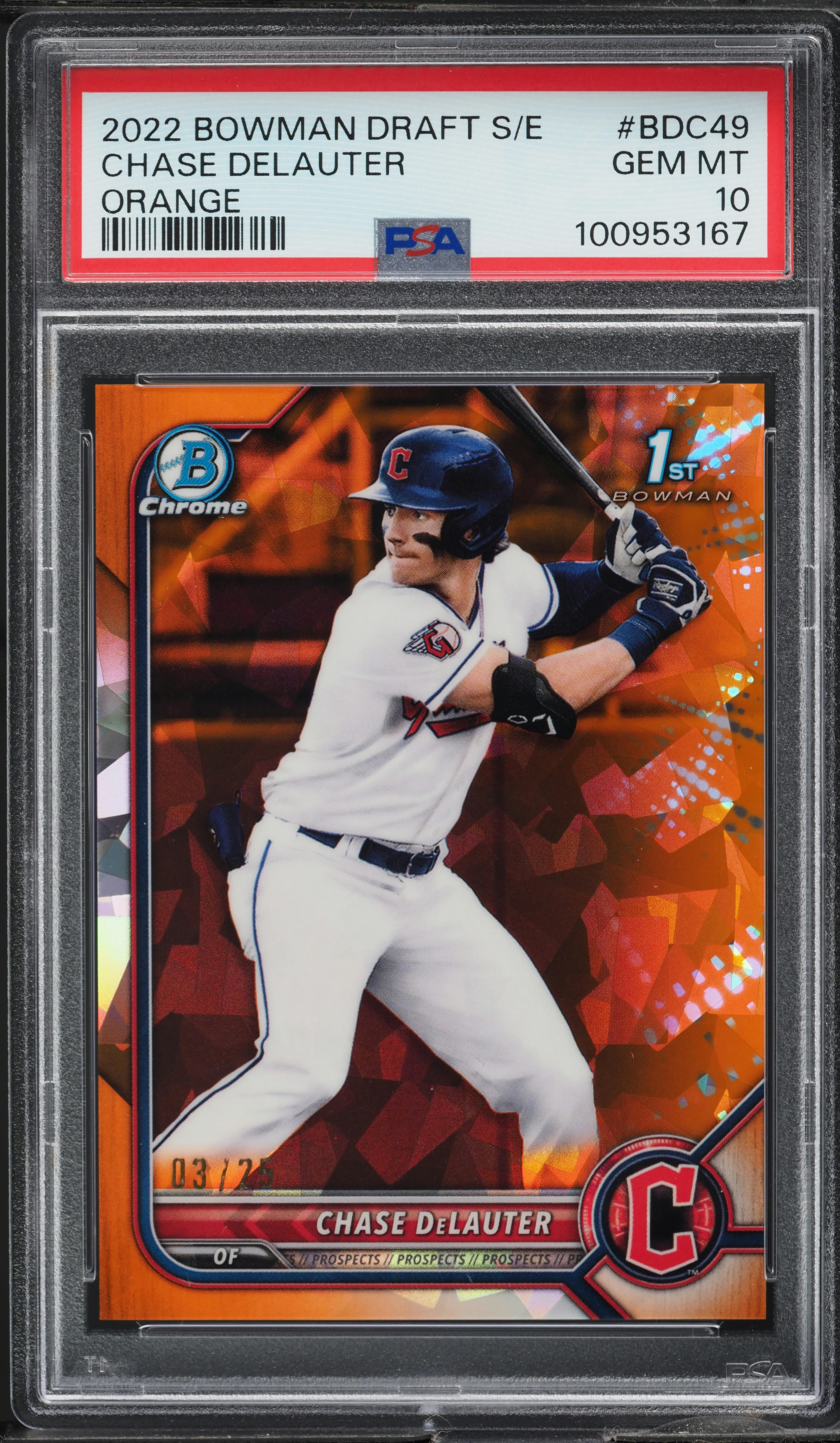 2022 Bowman Chrome Sapphire Orange Chase DeLauter ROOKIE /25 #BDC49 PSA 10 GEM