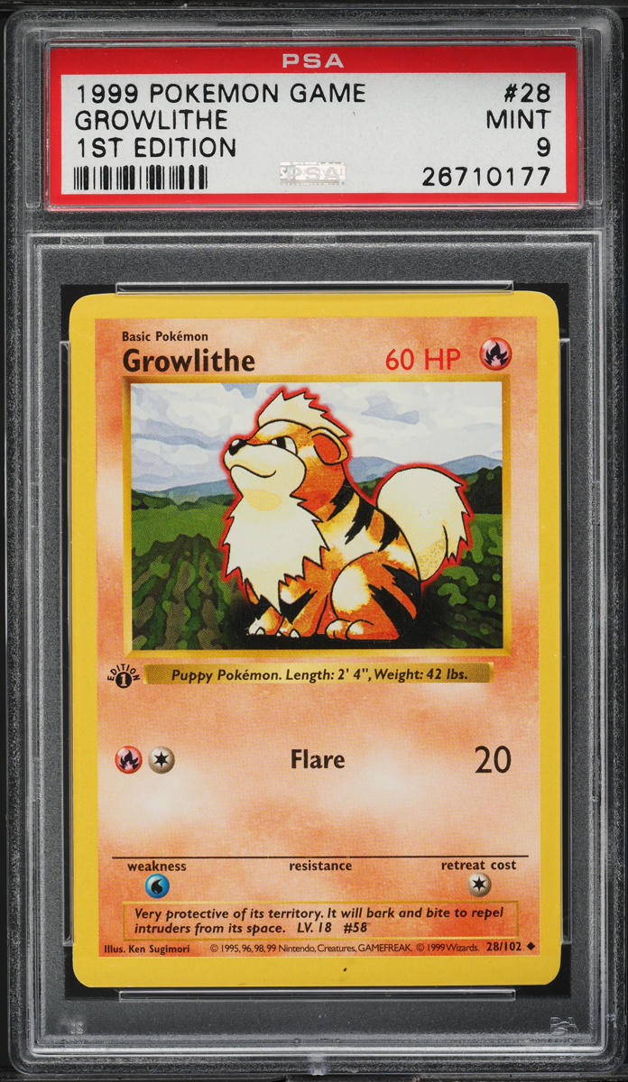 1999 Pokemon Base Set Shadowless 1st Edition Growlithe #28 PSA 9 MINT