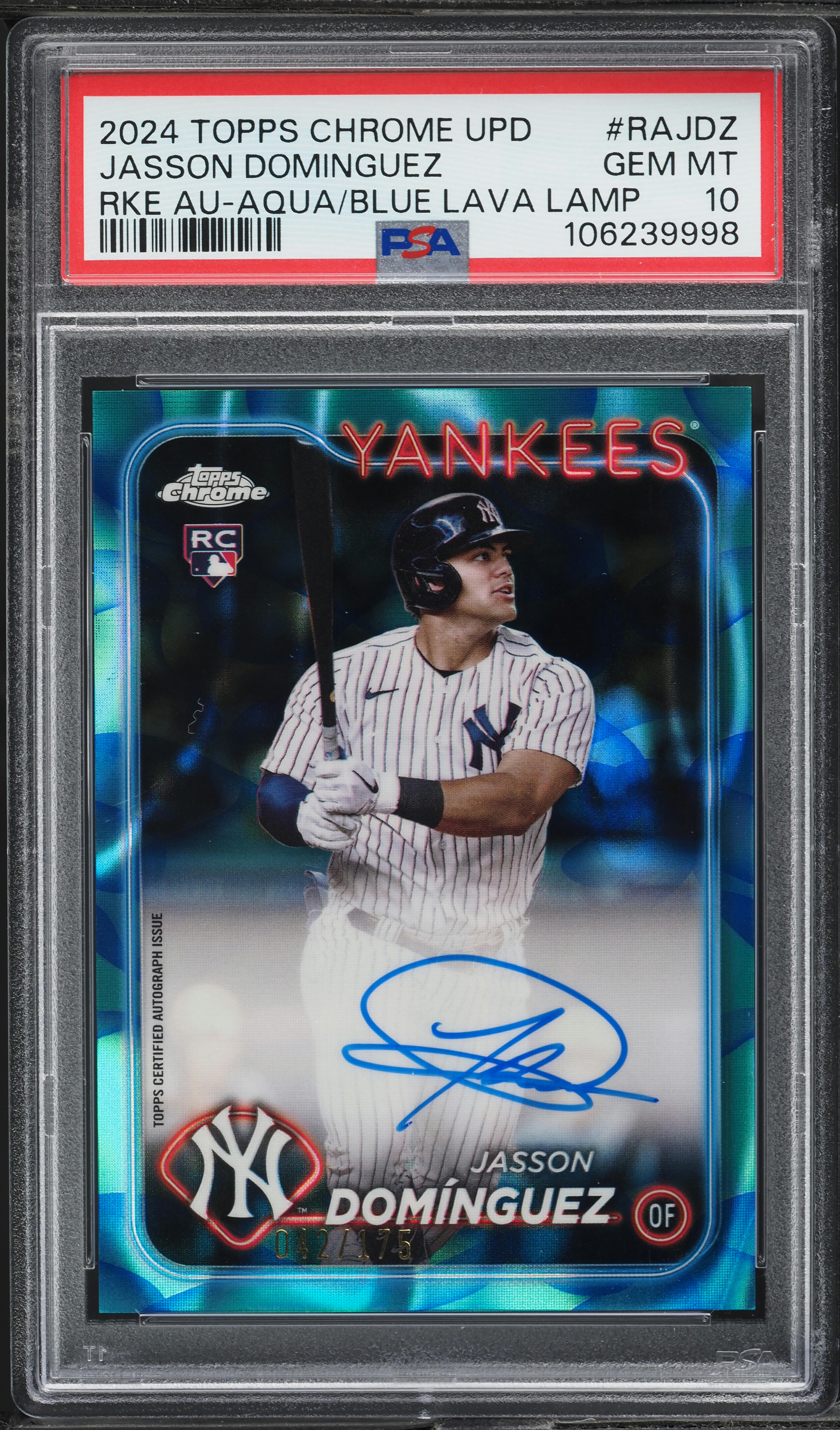 2024 Topps Chrome Update Aqua Blue Lava Jasson Dominguez RC AUTO /175 PSA 10 GEM