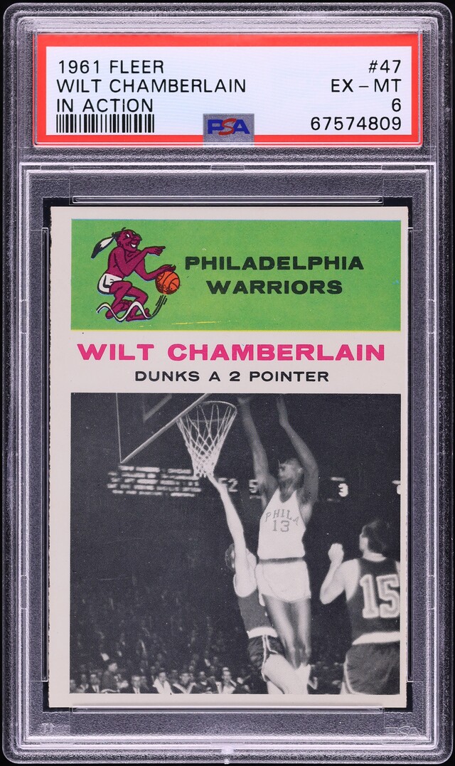 1961 Fleer Basketball Wilt Chamberlain ROOKIE, IN ACTION #47 PSA 6 EXMT